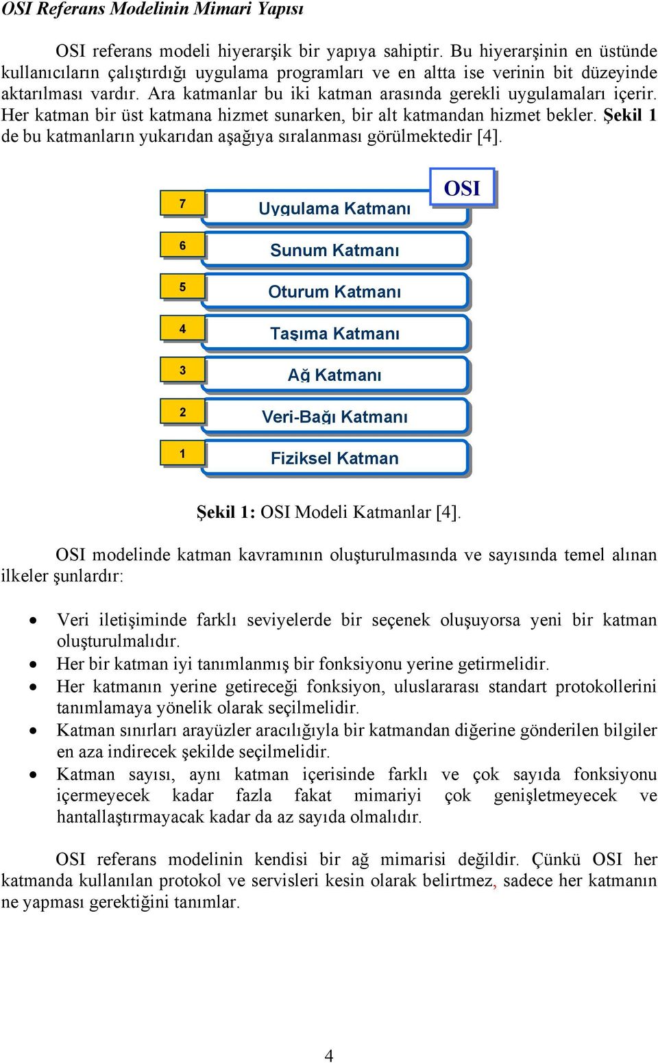 Her katman bir üst katmana hizmet sunarken, bir alt katmandan hizmet bekler. Şekil 1 de bu katmanların yukarıdan aşağıya sıralanması görülmektedir [4].