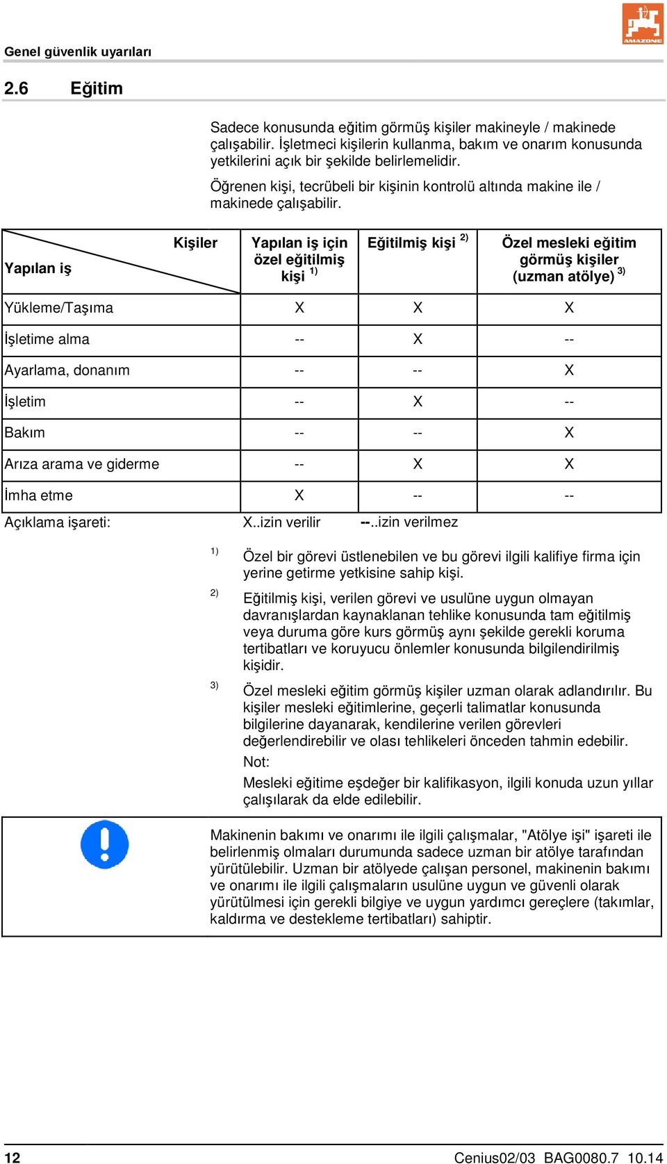 Yapılan iş Kişiler Yapılan iş için özel eğitilmiş kişi 1) Eğitilmiş kişi 2) Özel mesleki eğitim görmüş kişiler (uzman atölye) 3) Yükleme/Taşıma X X X İşletime alma -- X -- Ayarlama, donanım -- -- X