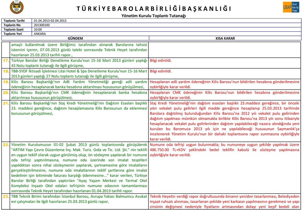 TBB-SYDF İktisadi İşletmesi Litai Hotel & Spa Denetleme Kurulu'nun 15-16 Mart 2013 günleri yaptığı 27 Nolu toplantı tutanağı ile ilgili görüşme, 19.