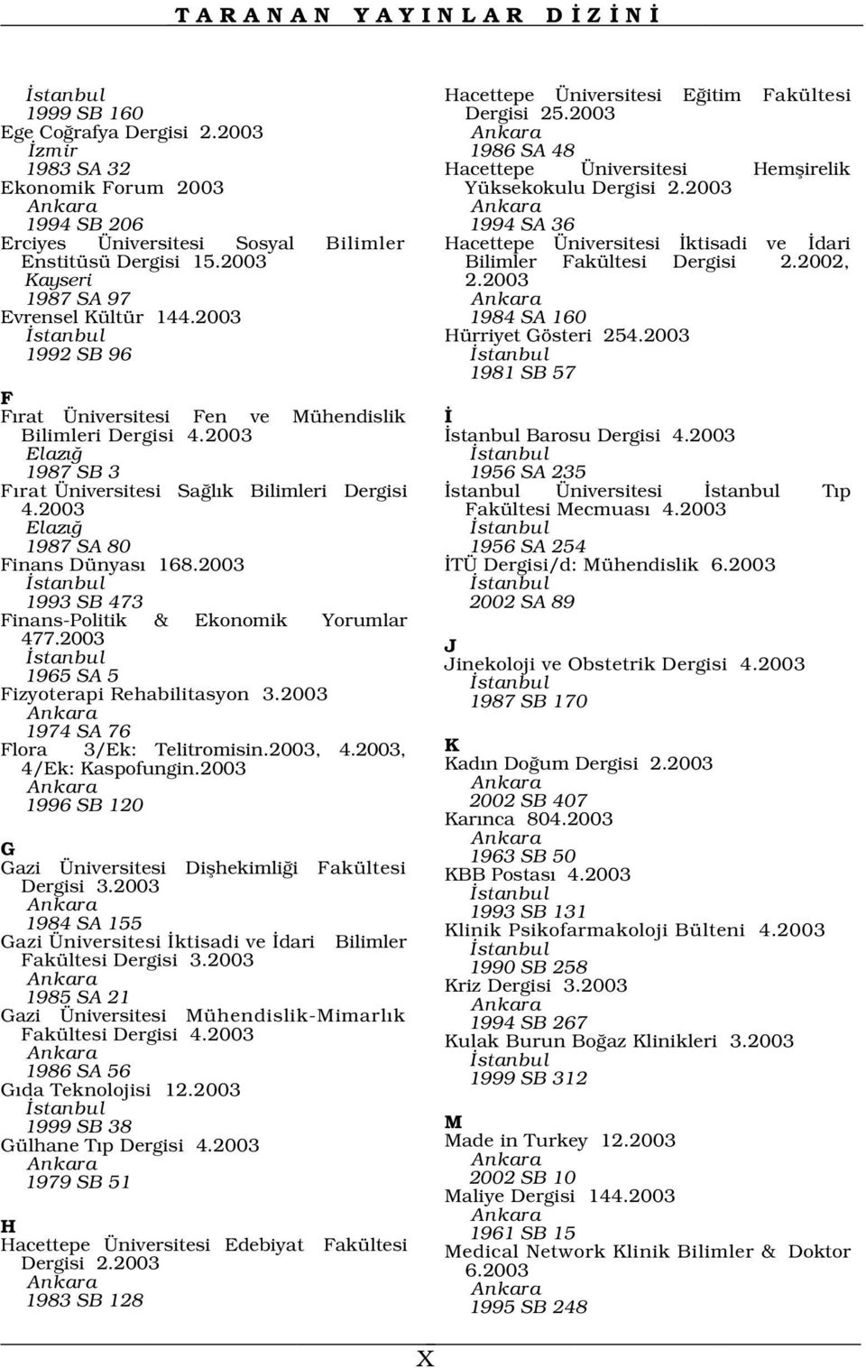 2003 Ankara Ankara 1994 SB 206 1994 SA 36 Erciyes Üniversitesi Sosyal Bilimler Hacettepe Üniversitesi ktisadi ve dari Enstitüsü Dergisi 15.2003 Bilimler Fakültesi Dergisi 2.2002, Kayseri 2.