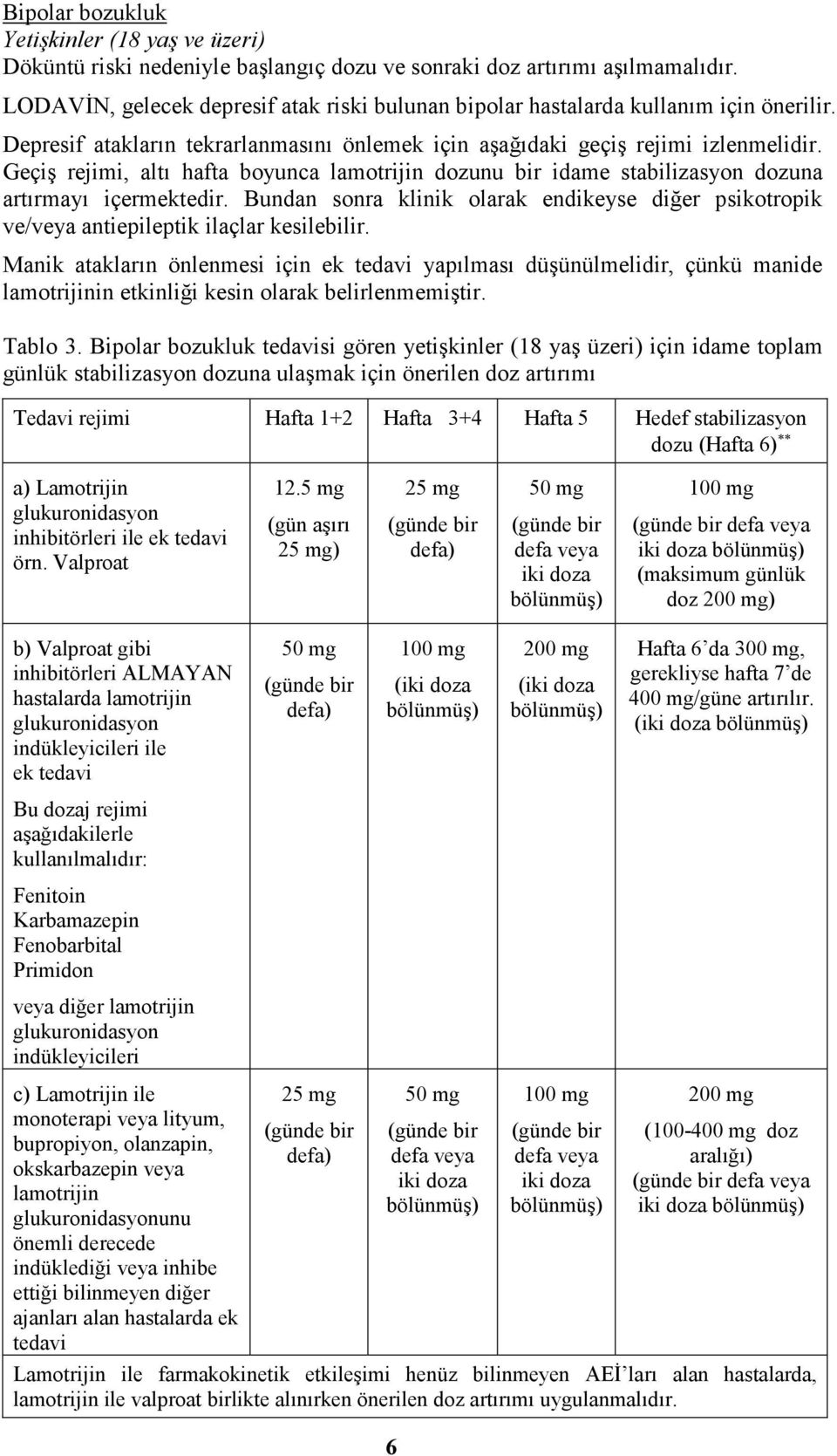 Geçiş rejimi, altı hafta boyunca lamotrijin dozunu bir idame stabilizasyon dozuna artırmayı içermektedir.