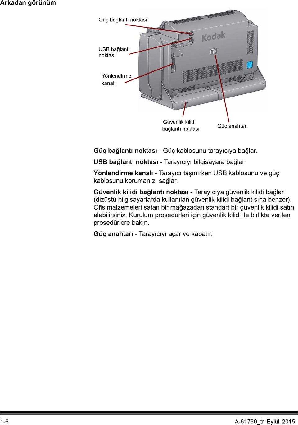 Güvenlik kilidi bağlantı noktası - Tarayıcıya güvenlik kilidi bağlar (dizüstü bilgisayarlarda kullanılan güvenlik kilidi bağlantısına benzer).