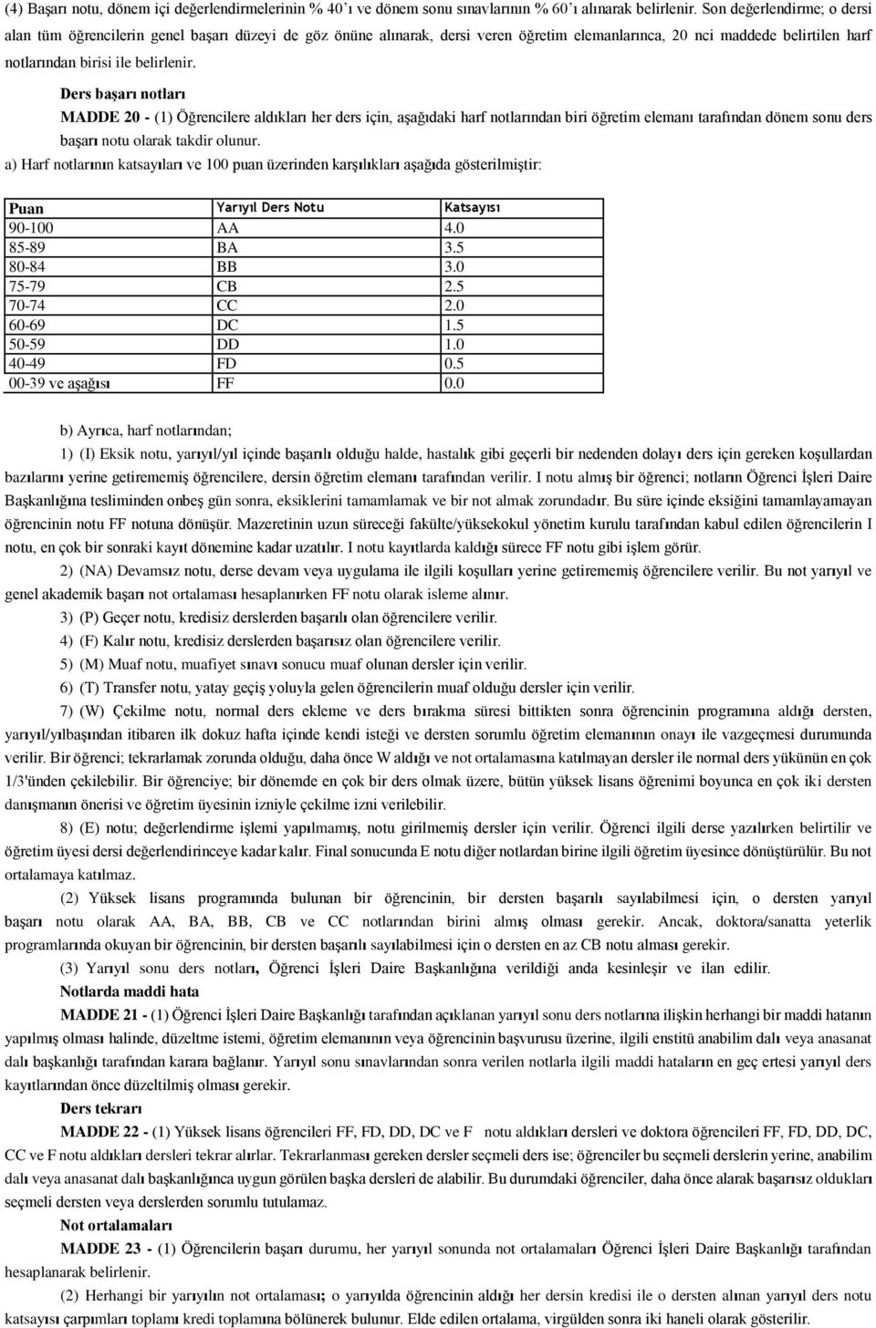 Ders başarı notları MADDE 20 - (1) Öğrencilere aldıkları her ders için, aşağıdaki harf notlarından biri öğretim elemanı tarafından dönem sonu ders başarı notu olarak takdir olunur.