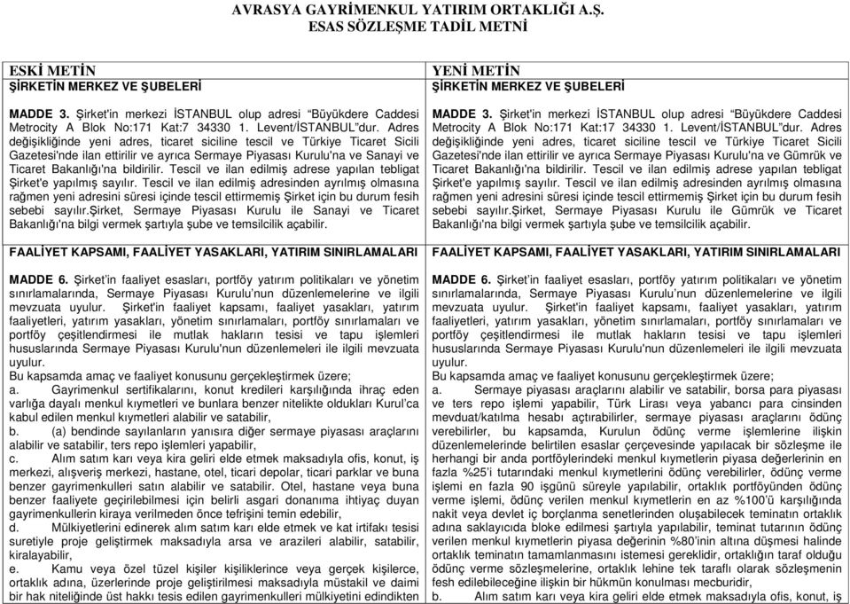 Adres değişikliğinde yeni adres, ticaret siciline tescil ve Türkiye Ticaret Sicili Gazetesi'nde ilan ettirilir ve ayrıca Sermaye Piyasası Kurulu'na ve Sanayi ve Ticaret Bakanlığı'na bildirilir.