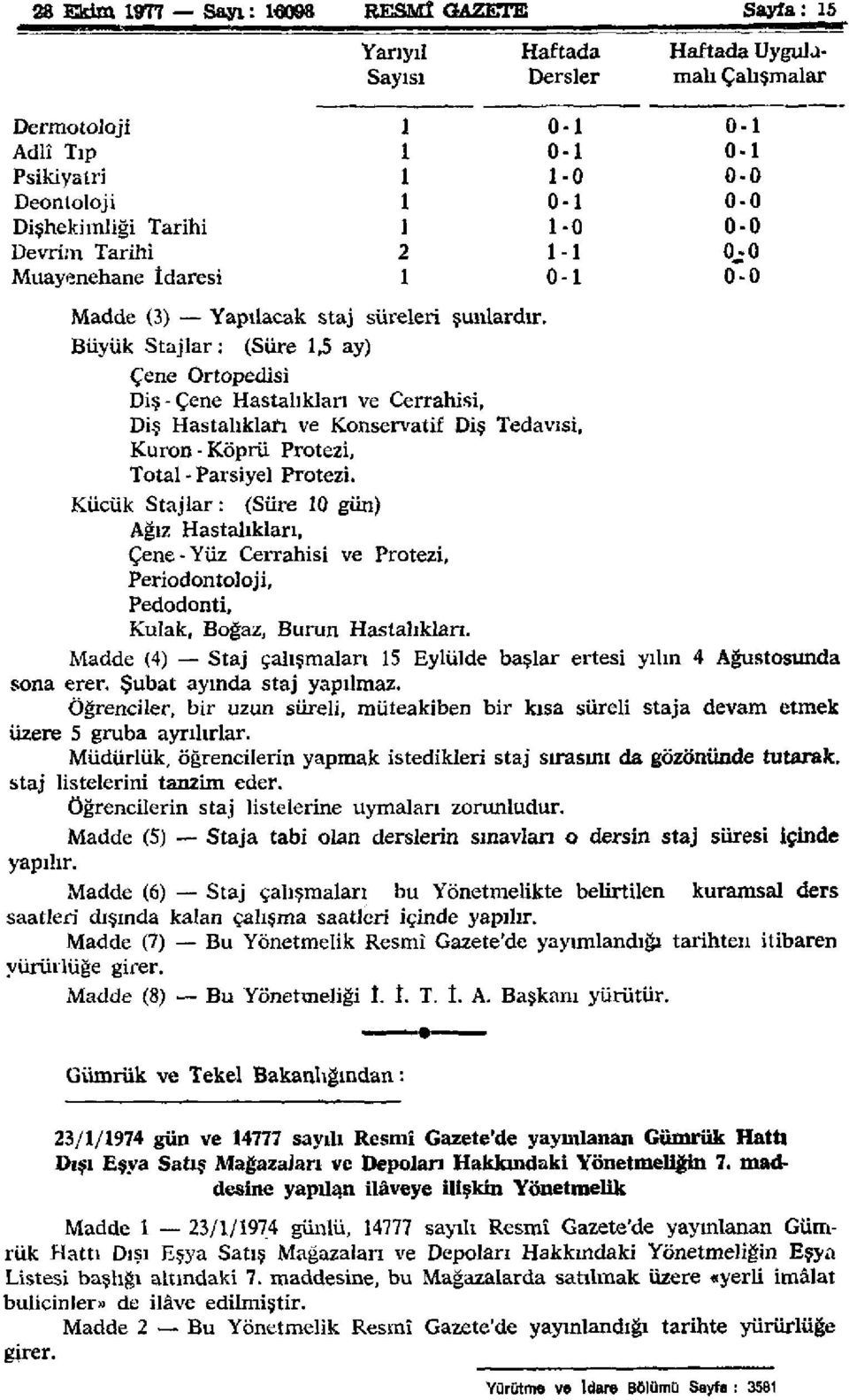 Büyük Stajlar: (Süre 1,5 ay) Çene Ortopedisi Diş-Çene Hastalıkları ve Cerrahisi, Diş Hastalıkları ve Konservatif Diş Tedavisi, Kuron-Köprü Protezi, Total - Parsiyel Protezi.