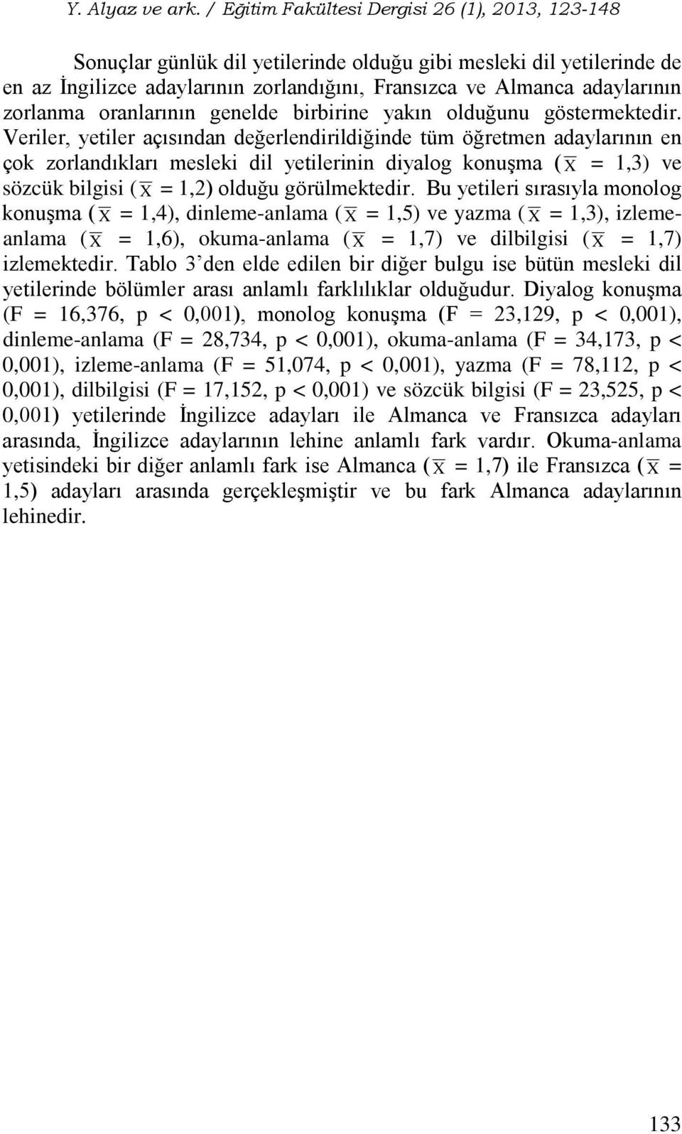 Veriler, yetiler açısından değerlendirildiğinde tüm öğretmen adaylarının en çok zorlandıkları mesleki dil yetilerinin diyalog konuşma ( X = 1,3) ve sözcük bilgisi ( X = 1,2) olduğu görülmektedir.