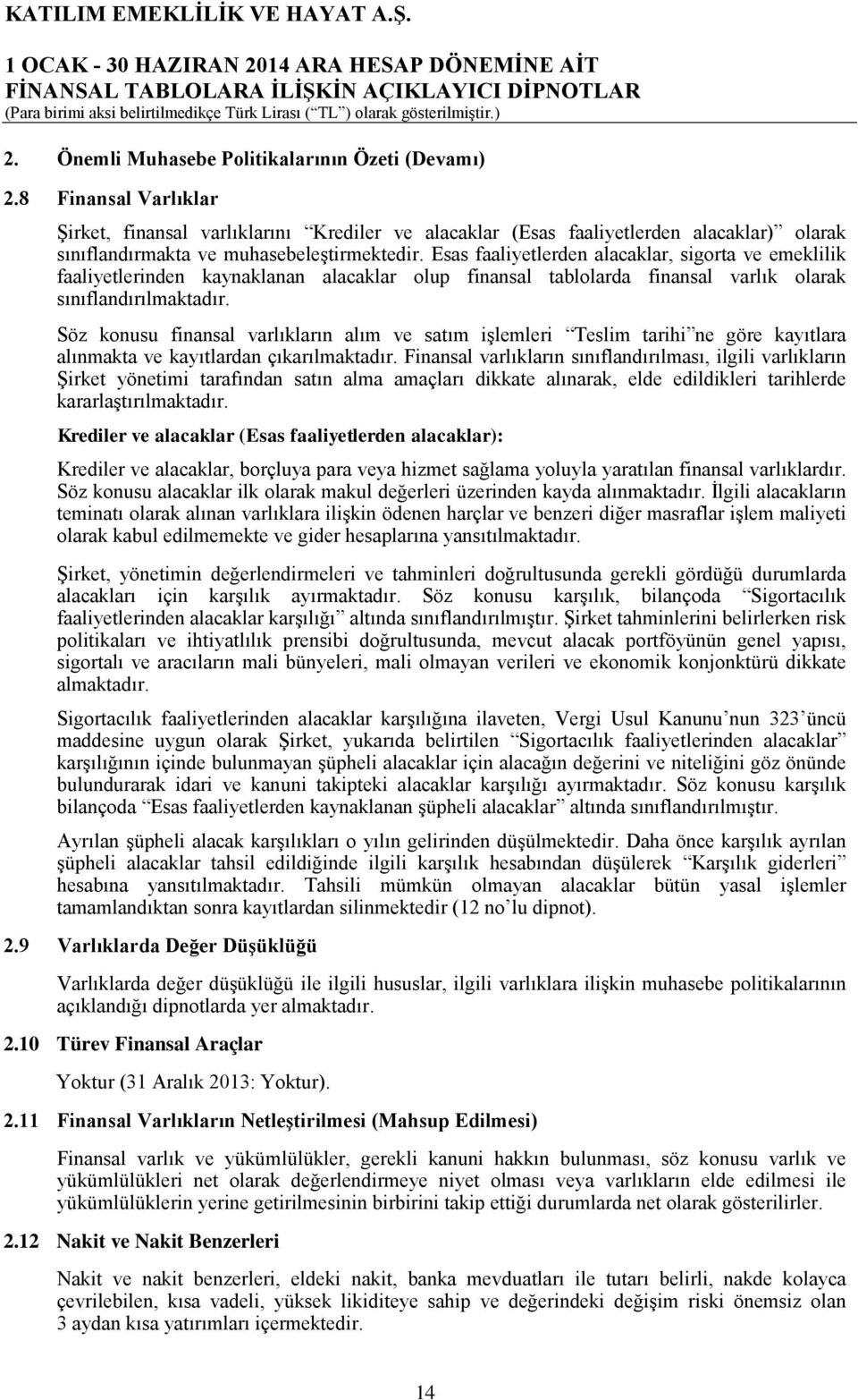 Esas faaliyetlerden alacaklar, sigorta ve emeklilik faaliyetlerinden kaynaklanan alacaklar olup finansal tablolarda finansal varlık olarak sınıflandırılmaktadır.