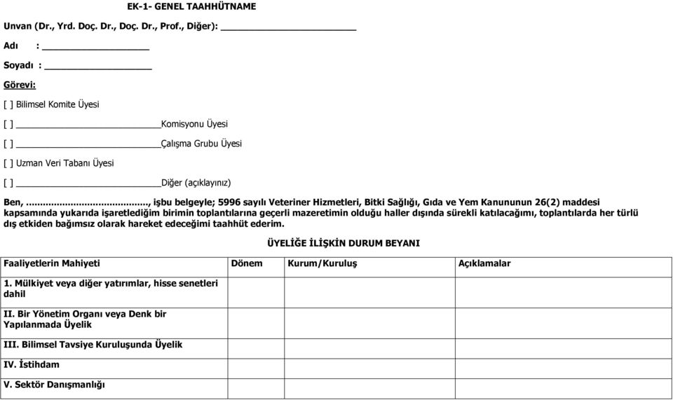 .., işbu belgeyle; 5996 sayılı Veteriner Hizmetleri, Bitki Sağlığı, Gıda ve Yem Kanununun 26(2) maddesi kapsamında yukarıda işaretlediğim birimin toplantılarına geçerli mazeretimin olduğu haller