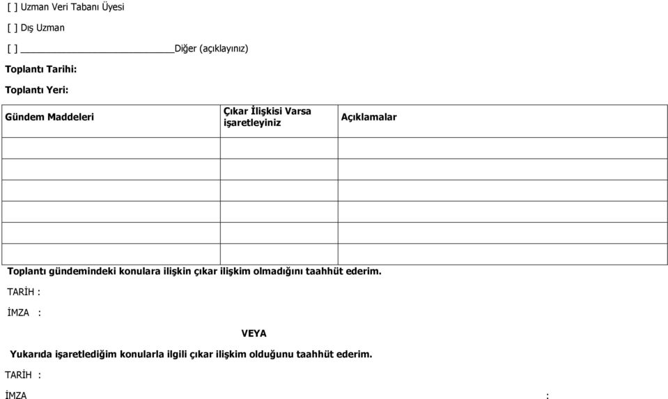 gündemindeki konulara ilişkin çıkar ilişkim olmadığını taahhüt ederim.