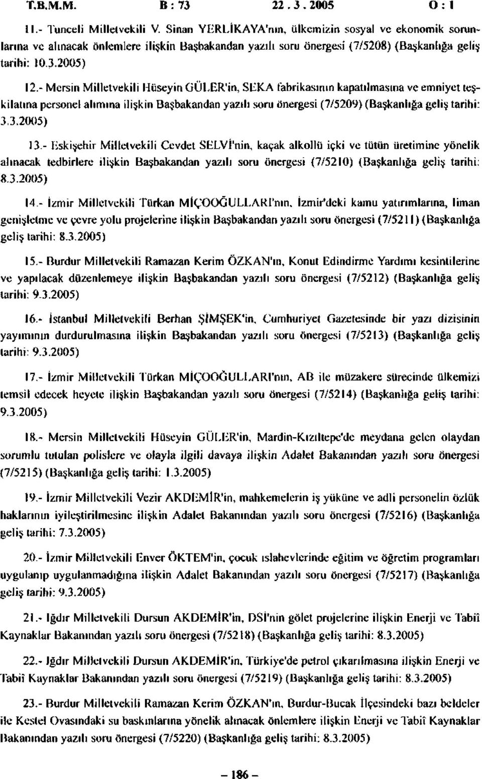 - Mersin Milletvekili Hüseyin GÜLER'in, SEKA fabrikasının kapatılmasına ve emniyet teşkilatına personel alımına ilişkin Başbakandan yazılı soru önergesi (7/5209) (Başkanlığa geliş tarihi: 3.3.2005) 13.