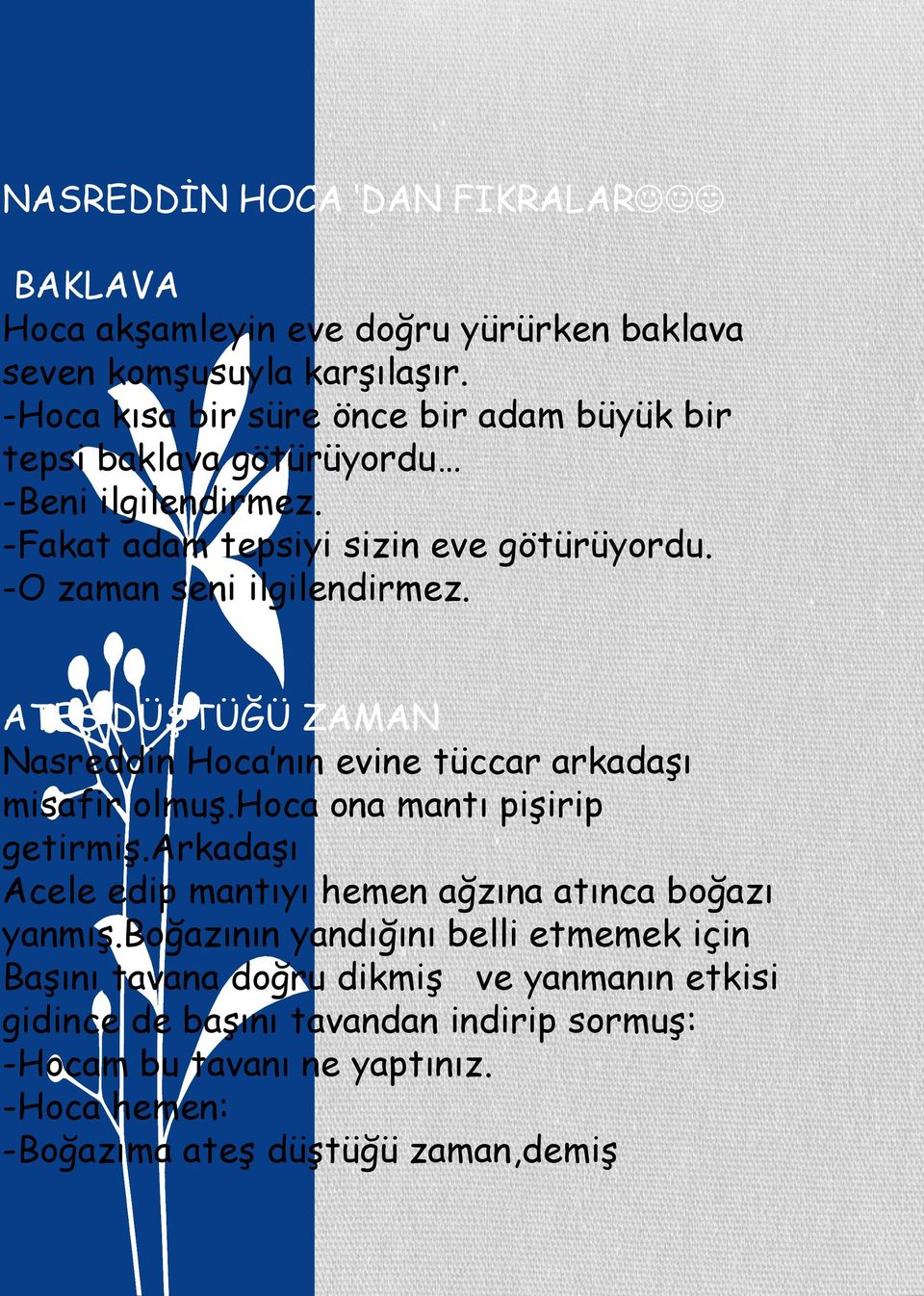 -O zaman seni ilgilendirmez. ATEŞ DÜŞTÜĞÜ ZAMAN Nasreddin Hoca nın evine tüccar arkadaşı misafir olmuş.hoca ona mantı pişirip getirmiş.