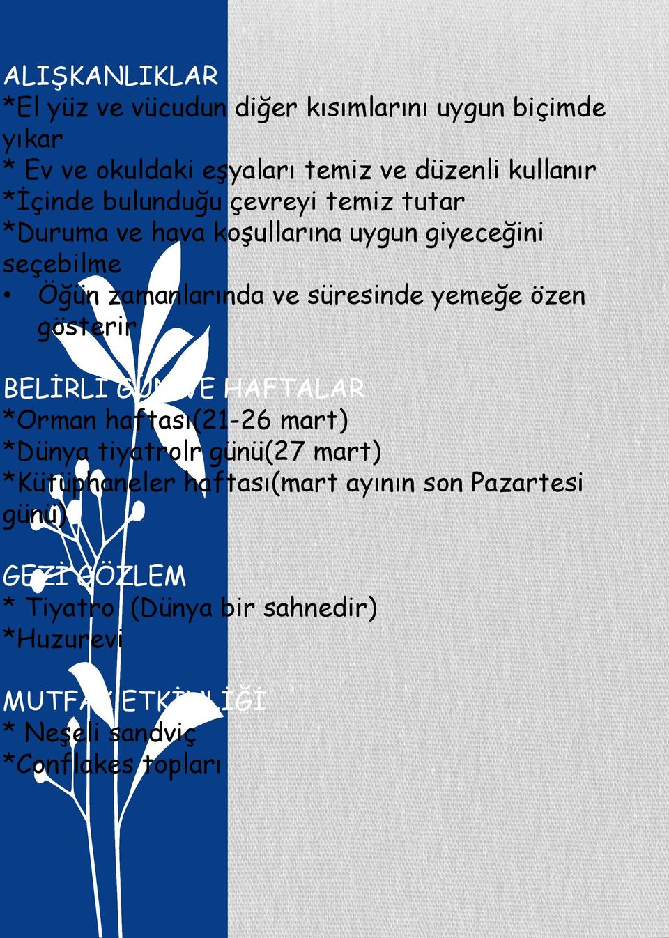 yemeğe özen gösterir BELİRLİ GÜN VE HAFTALAR *Orman haftası(21-26 mart) *Dünya tiyatrolr günü(27 mart) *Kütüphaneler