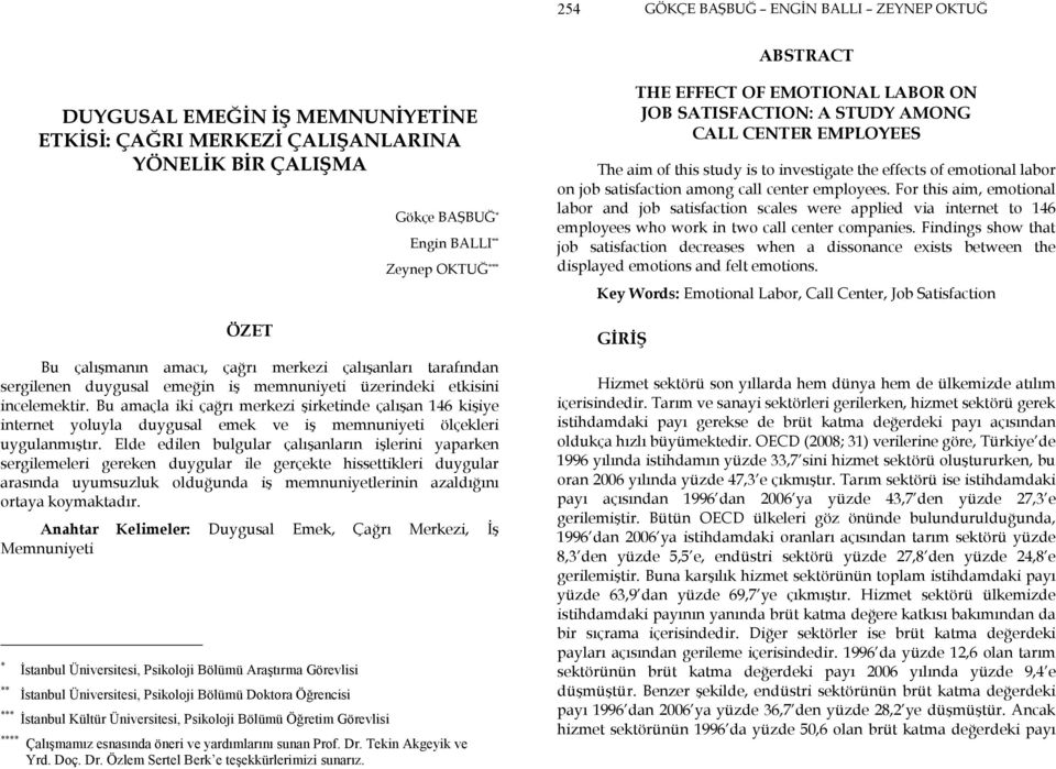 Bu amaçla iki çağrı merkezi şirketinde çalışan 146 kişiye internet yoluyla duygusal emek ve iş memnuniyeti ölçekleri uygulanmıştır.