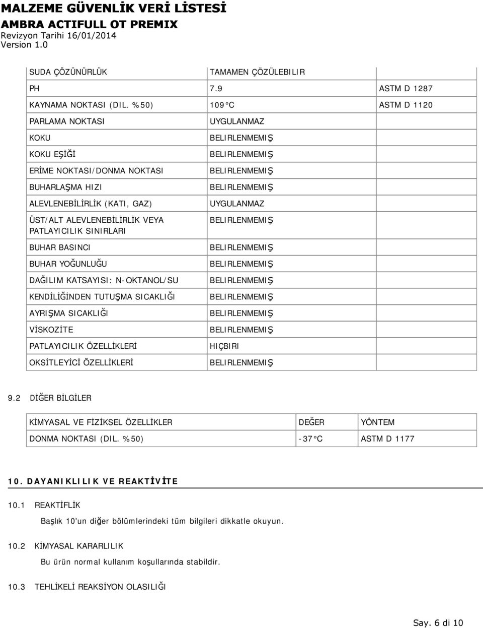 BUHAR YOĞUNLUĞU DAĞILIM KATSAYISI: N-OKTANOL/SU KENDİLİĞİNDEN TUTUŞMA SICAKLIĞI AYRIŞMA SICAKLIĞI VİSKOZİTE PATLAYICILIK ÖZELLİKLERİ OKSİTLEYİCİ ÖZELLİKLERİ UYGULANMAZ UYGULANMAZ HIÇBIRI 9.