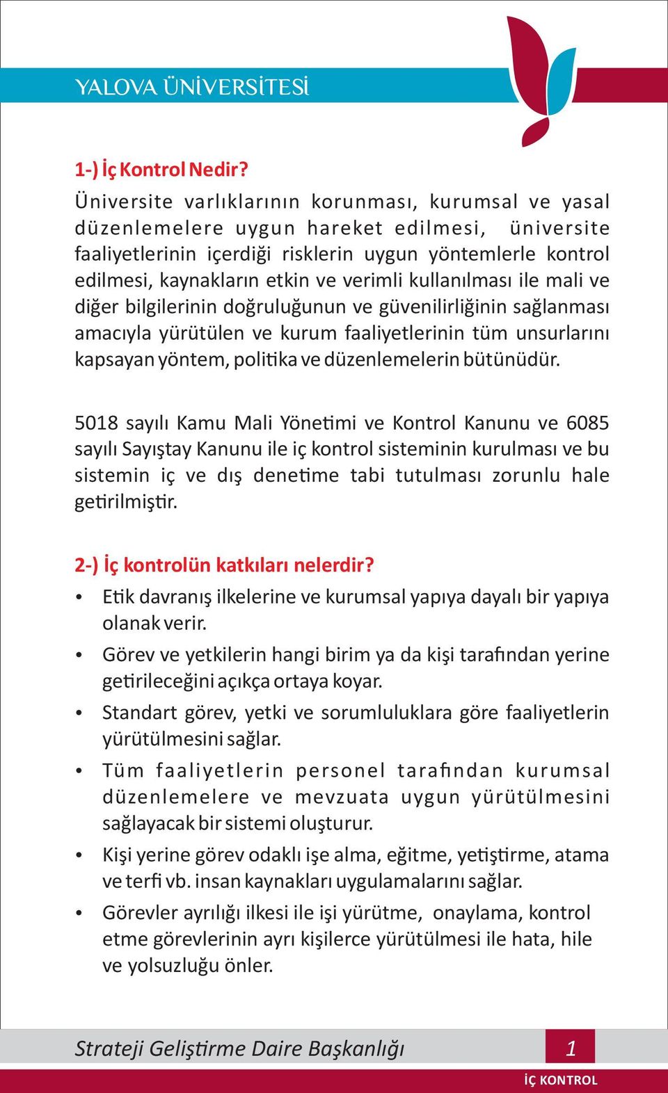 verimli kullanılması ile mali ve diğer bilgilerinin doğruluğunun ve güvenilirliğinin sağlanması amacıyla yürütülen ve kurum faaliyetlerinin tüm unsurlarını kapsayan yöntem, poli ka ve düzenlemelerin