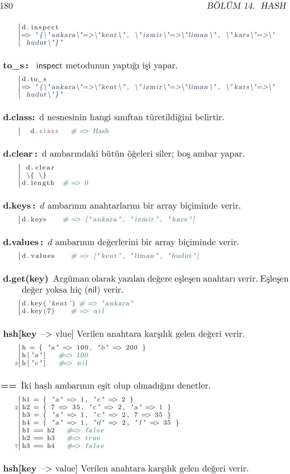 keys : d ambarının anahtarlarını bir array biçiminde verir. d. keys # => [ " ankara ", " izmir ", " kars " ] d.values : d ambarının değerlerini bir array biçiminde verir. d. values # => [ " kent ", " liman ", " hudut " ] d.