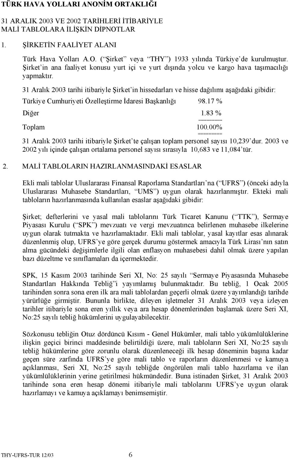 31 Aralık 2003 tarihi itibariyle Şirket in hissedarları ve hisse dağılımı aşağıdaki gibidir: Türkiye Cumhuriyeti Özelleştirme İdaresi Başkanlığı 98.17 % Diğer 1.83 % --------------- Toplam 100.