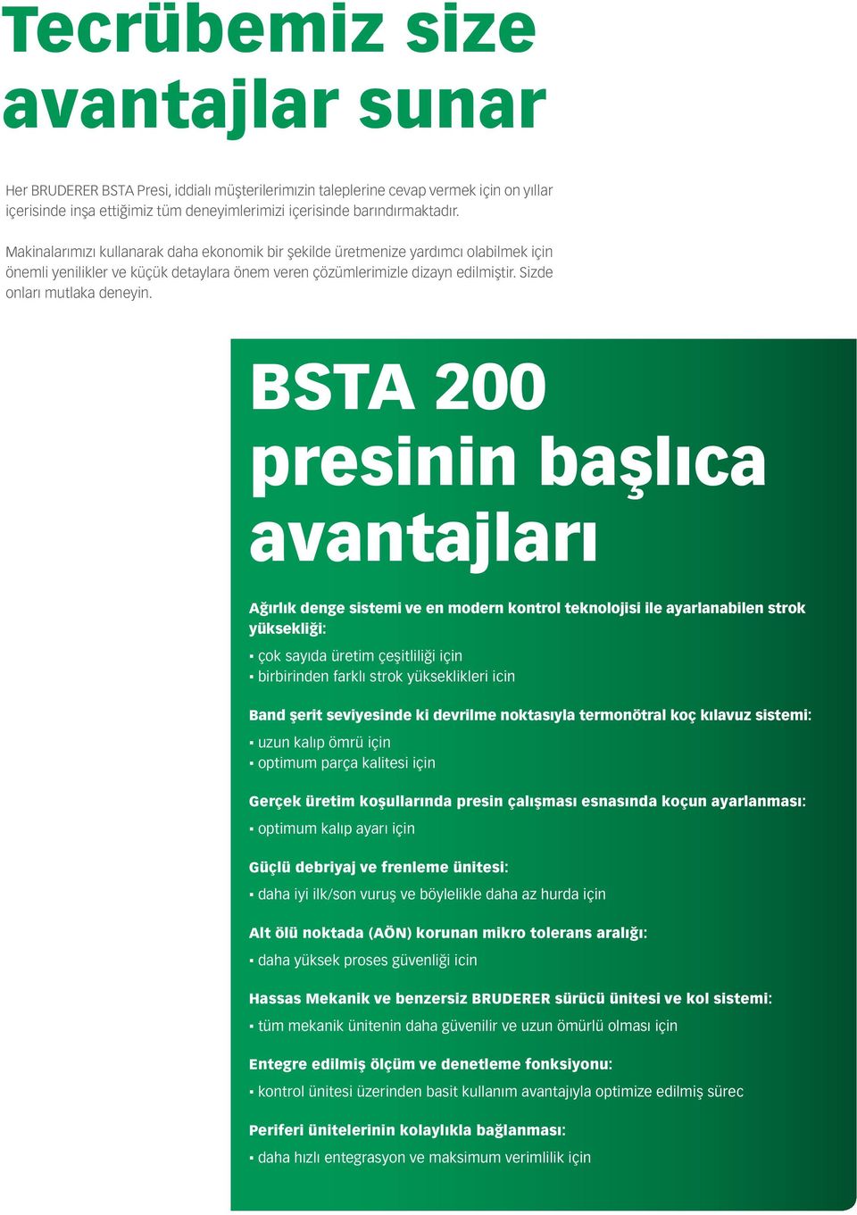 BSTA 200 presinin başlıca avantajları Ağırlık denge sistemi ve en modern kontrol teknolojisi ile ayarlanabilen strok yüksekliği: çok sayıda üretim çeşitliliği için birbirinden farklı strok