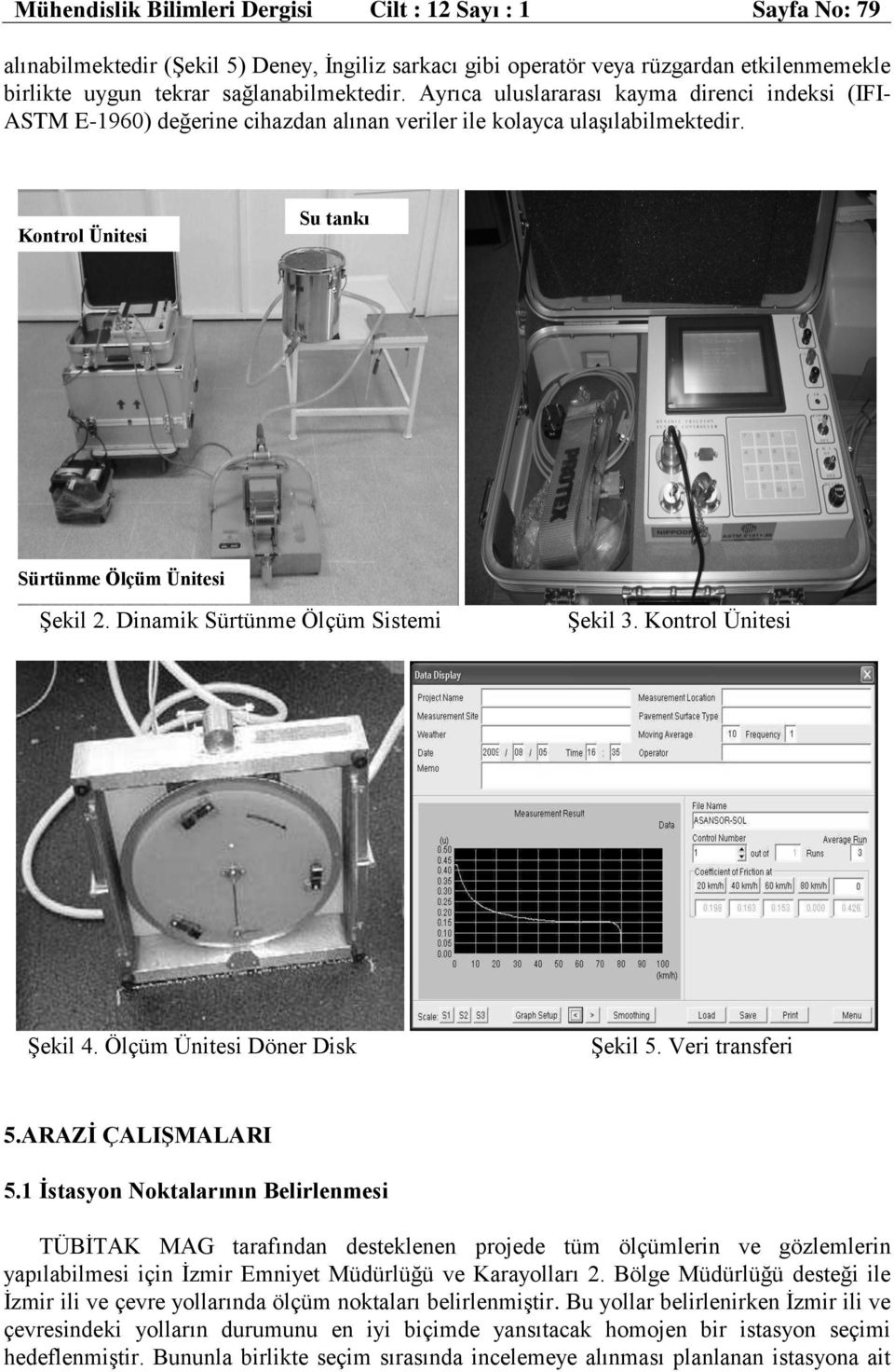 Dinamik Sürtünme Ölçüm Sistemi Şekil 3. Kontrol Ünitesi Şekil 4. Ölçüm Ünitesi Döner Disk Şekil 5. Veri transferi 5.ARAZĠ ÇALIġMALARI 5.