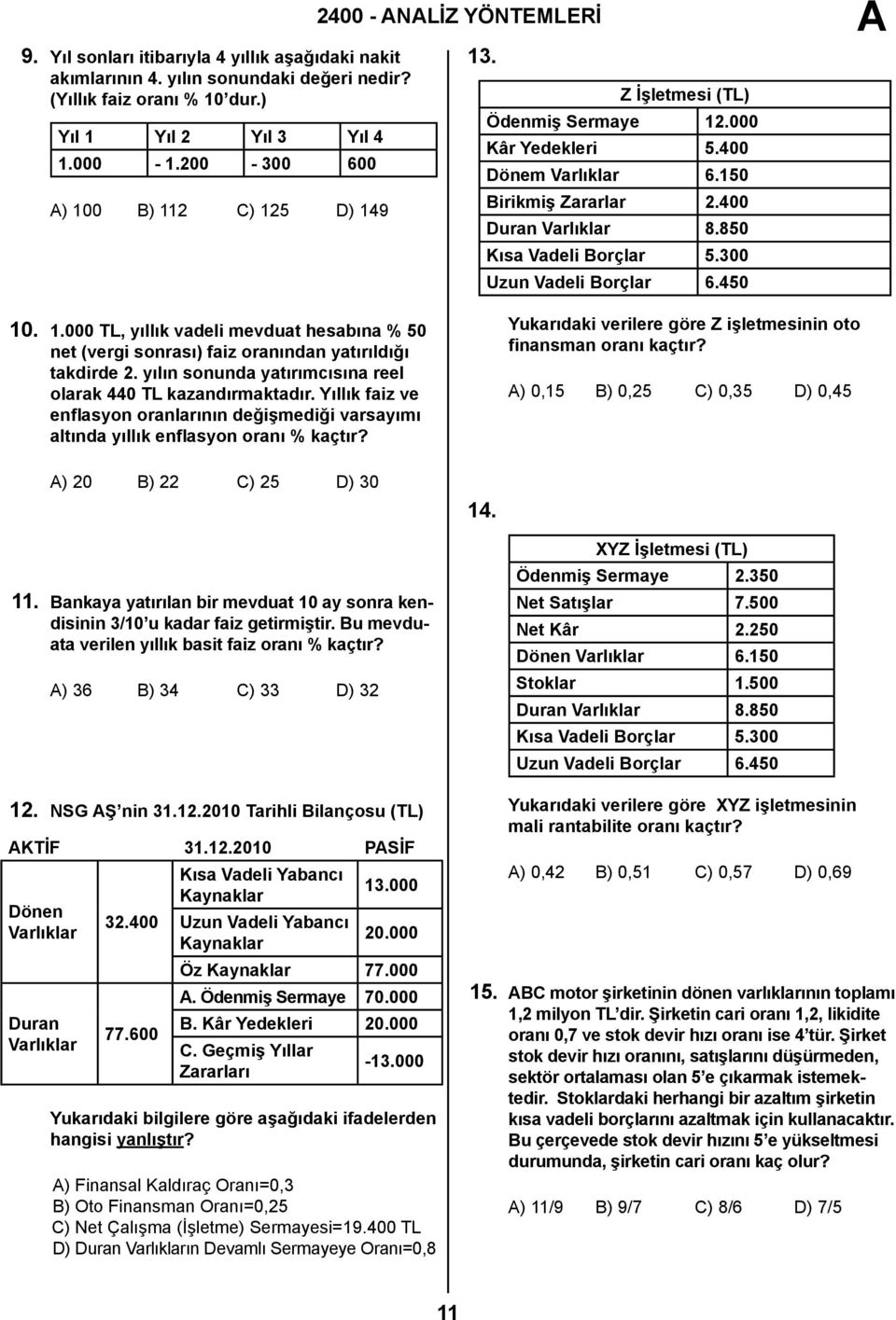 850 Kısa Vadeli Borçlar 5.300 Uzun Vadeli Borçlar 6.450 10. 1.000, yıllık vadeli mevduat hesabına % 50 net (vergi sonrası) faiz oranından yatırıldığı takdirde 2.