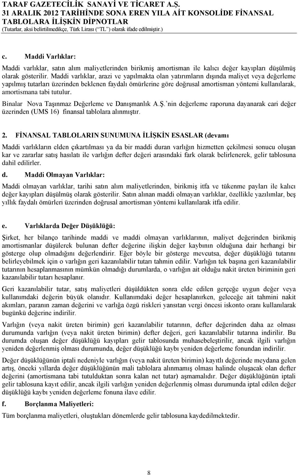 Maddi varlıklar, arazi ve yapılmakta olan yatırımların dışında maliyet veya değerleme yapılmış tutarları üzerinden beklenen faydalı ömürlerine göre doğrusal amortisman yöntemi kullanılarak,