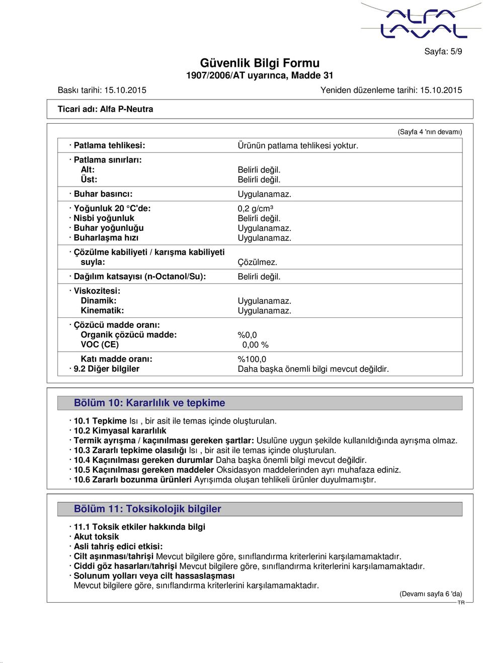 Dağılım katsayısı (n-octanol/su): Belirli değil. Viskozitesi: Dinamik: Kinematik: Uygulanamaz. Uygulanamaz. Çözücü madde oranı: Organik çözücü madde: %0,0 VOC (CE) 0,00 % Katı madde oranı: %100,0 9.