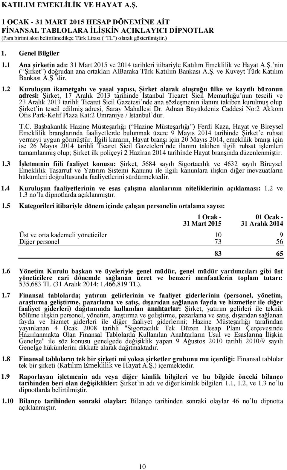 2 Kuruluşun ikametgahı ve yasal yapısı, Şirket olarak oluştuğu ülke ve kayıtlı büronun adresi: Şirket, 17 Aralık 2013 tarihinde İstanbul Ticaret Sicil Memurluğu nun tescili ve 23 Aralık 2013 tarihli