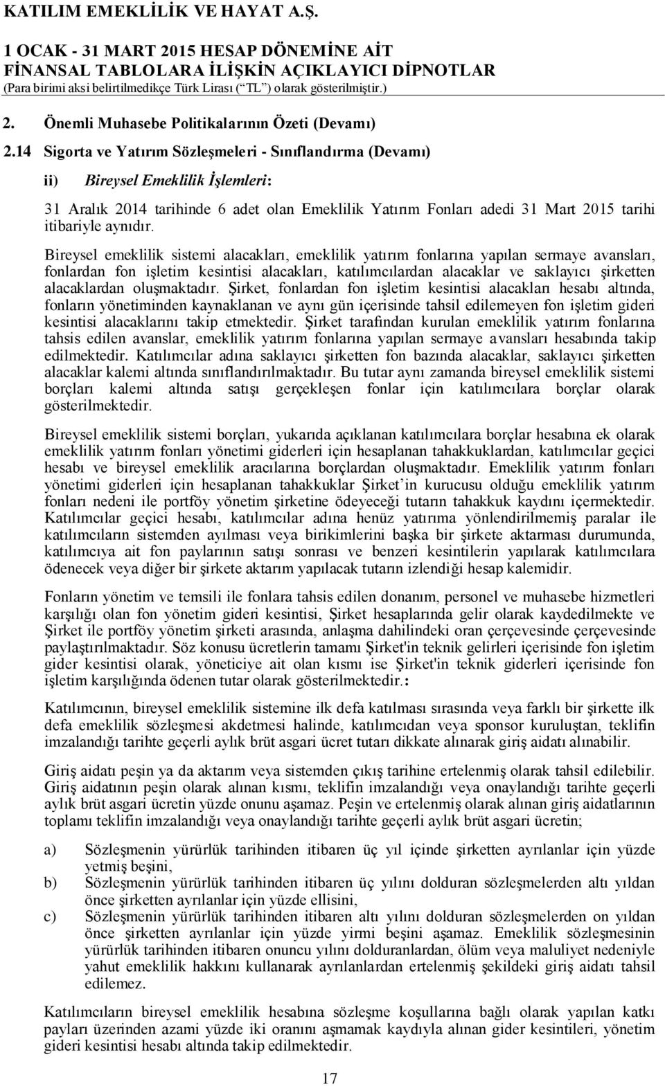 Bireysel emeklilik sistemi alacakları, emeklilik yatırım fonlarına yapılan sermaye avansları, fonlardan fon işletim kesintisi alacakları, katılımcılardan alacaklar ve saklayıcı şirketten alacaklardan