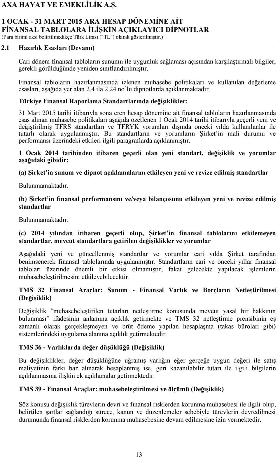 Türkiye Finansal Raporlama Standartlarında değişiklikler: 31 Mart 2015 tarihi itibarıyla sona eren hesap dönemine ait finansal tabloların hazırlanmasında esas alınan muhasebe politikaları aşağıda