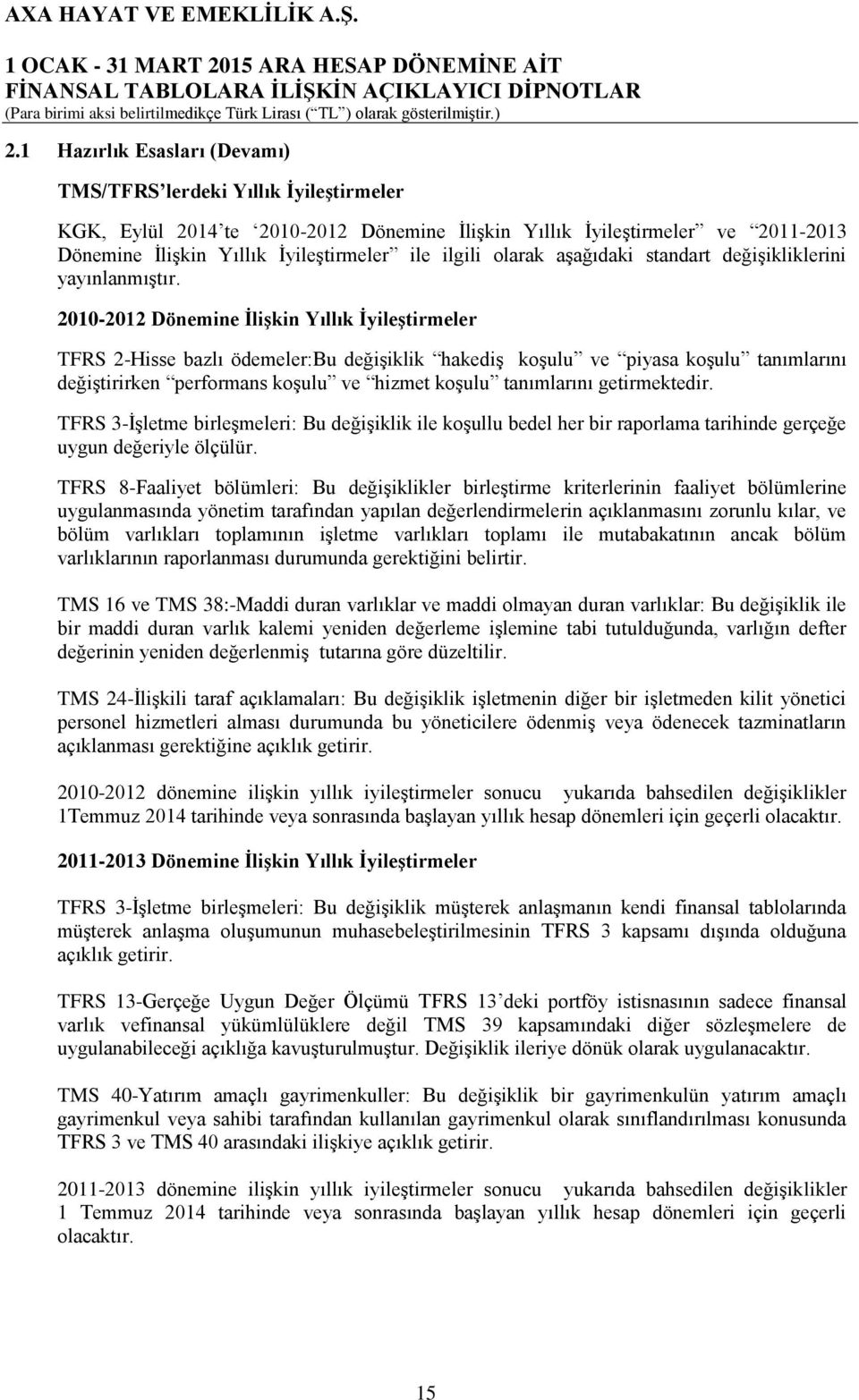 2010-2012 Dönemine İlişkin Yıllık İyileştirmeler TFRS 2-Hisse bazlı ödemeler:bu değişiklik hakediş koşulu ve piyasa koşulu tanımlarını değiştirirken performans koşulu ve hizmet koşulu tanımlarını