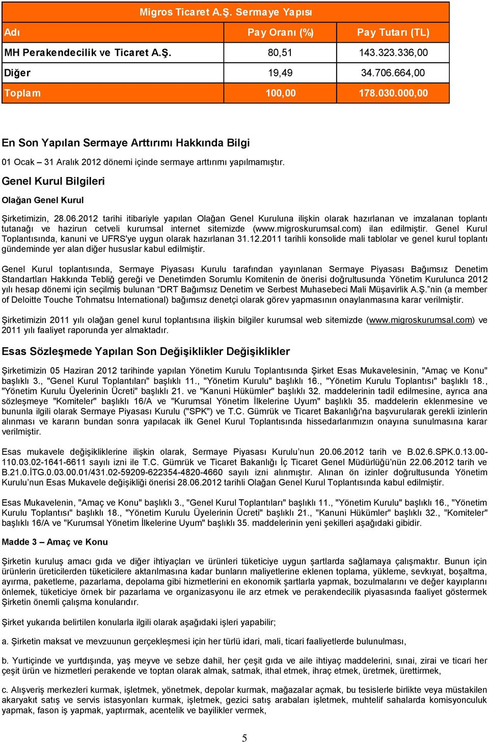 2012 tarihi itibariyle yapılan Olağan Genel Kuruluna ilişkin olarak hazırlanan ve imzalanan toplantı tutanağı ve hazirun cetveli kurumsal internet sitemizde (www.migroskurumsal.com) ilan edilmiştir.