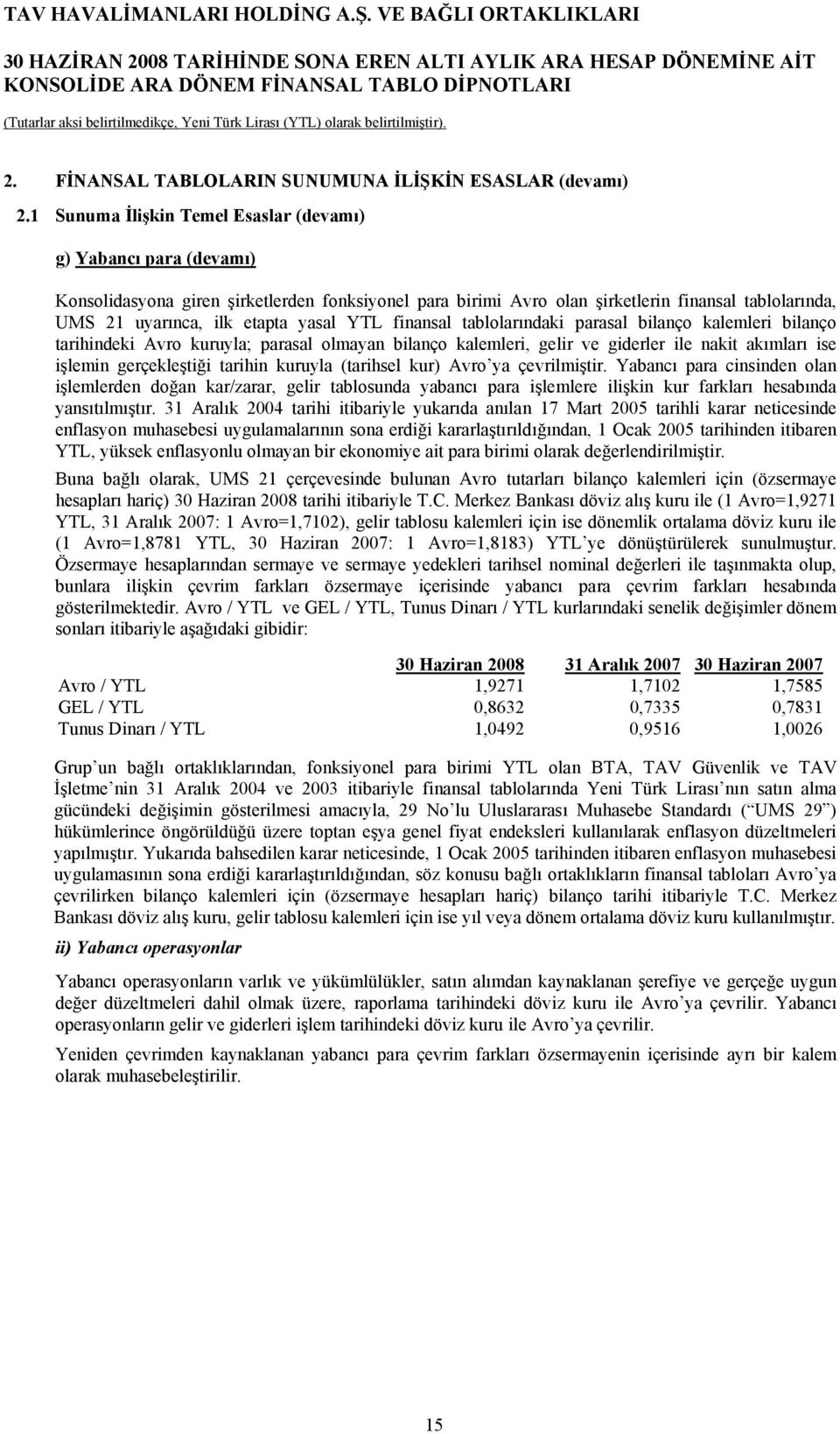 yasal YTL finansal tablolarındaki parasal bilanço kalemleri bilanço tarihindeki Avro kuruyla; parasal olmayan bilanço kalemleri, gelir ve giderler ile nakit akımları ise işlemin gerçekleştiği tarihin