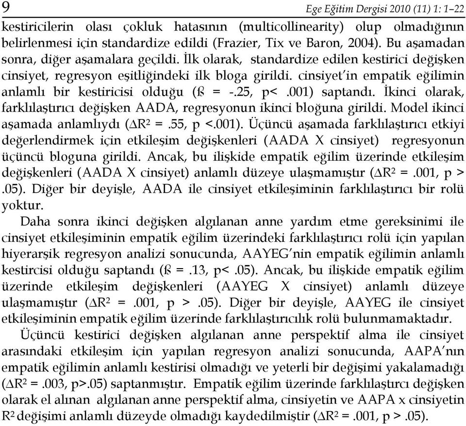 cinsiyet in empatik eğilimin anlamlı bir kestiricisi olduğu (ß = -.25, p<.001) saptandı. İkinci olarak, farklılaştırıcı değişken AADA, regresyonun ikinci bloğuna girildi.