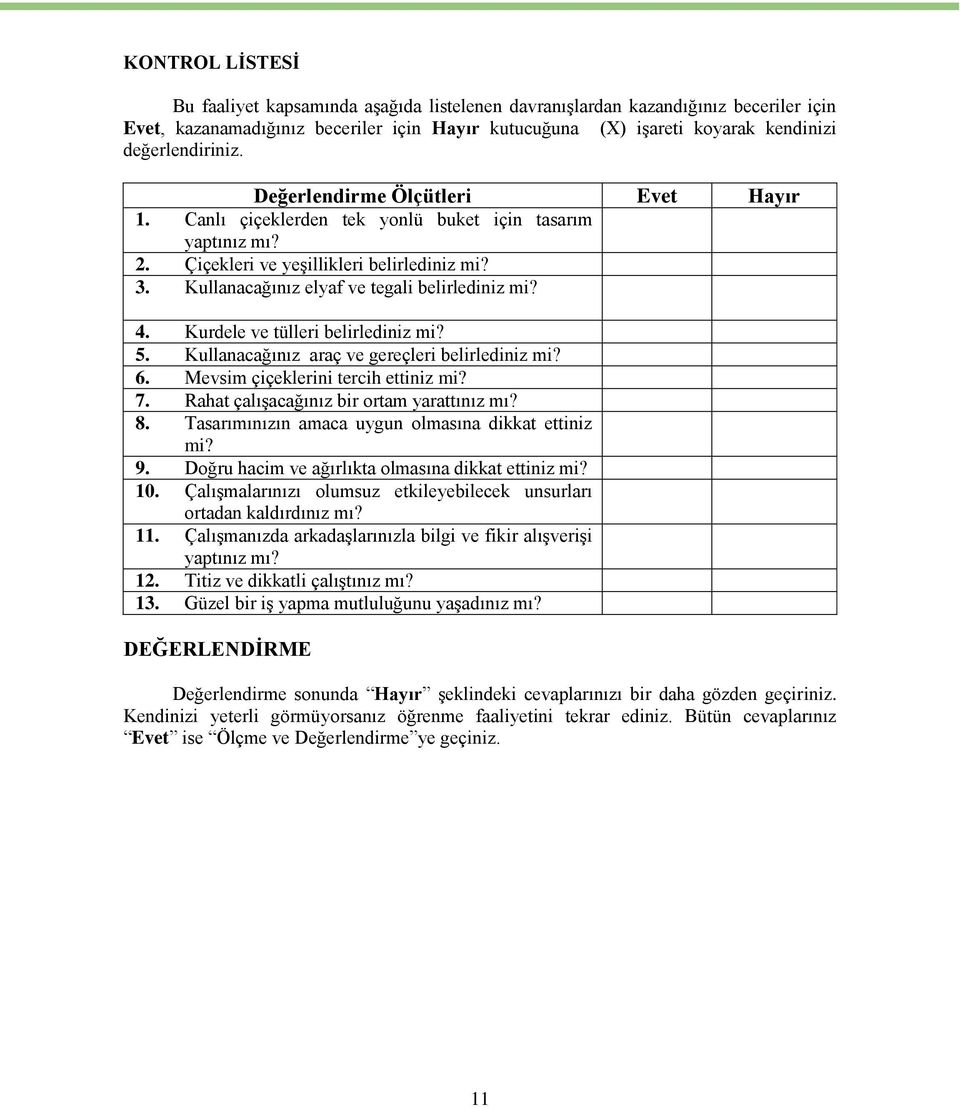 Kullanacağınız elyaf ve tegali belirlediniz mi? 4. Kurdele ve tülleri belirlediniz mi? 5. Kullanacağınız araç ve gereçleri belirlediniz mi? 6. Mevsim çiçeklerini tercih ettiniz mi? 7.