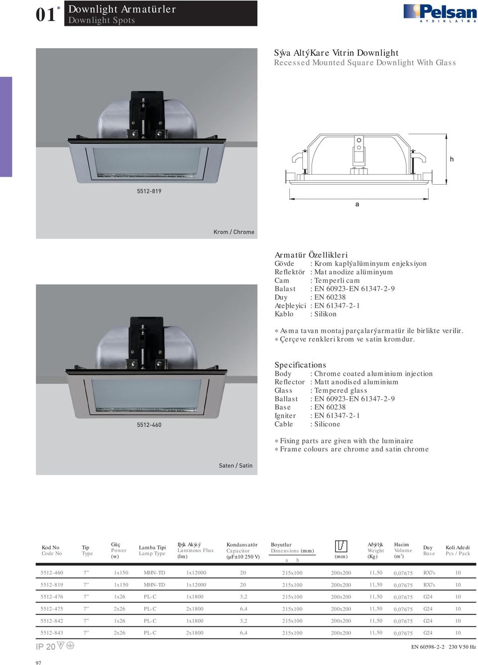 : Crome coted luminium injection Reflector : Mtt nodised luminium Glss : Tempered glss Bllst : EN 60923-EN 61347-2-9 : EN 60238 Igniter : EN 61347-2-1 Cble : Silicone * Fixing prts re given wit te