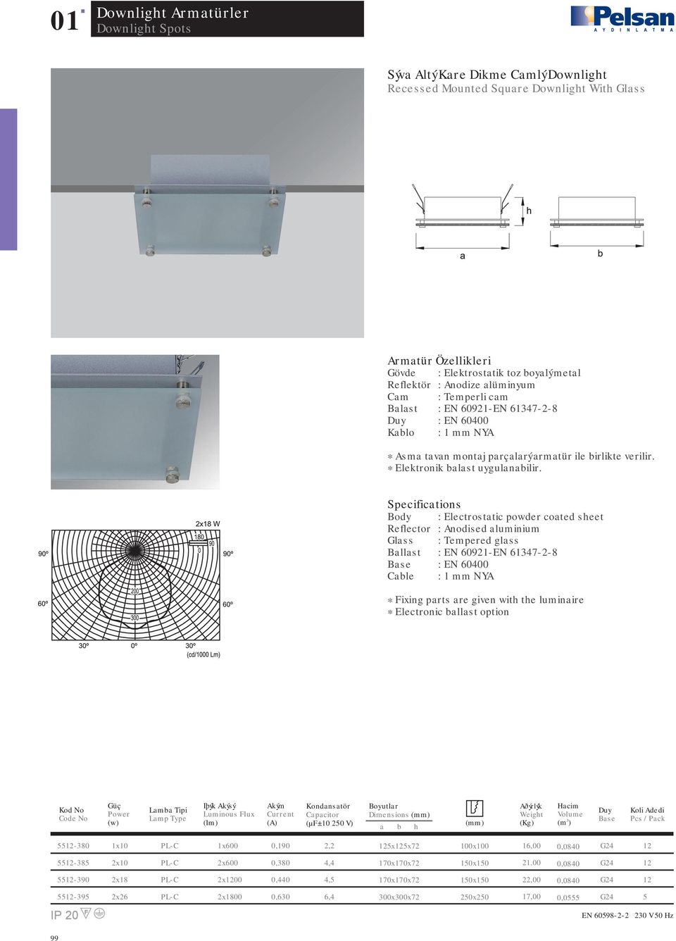 : Electrosttic powder coted seet Glss : Tempered glss Bllst : EN 60921-EN 61347-2-8 : EN 60400 Cble * Fixing prts re given wit te luminire * Electronic bllst option