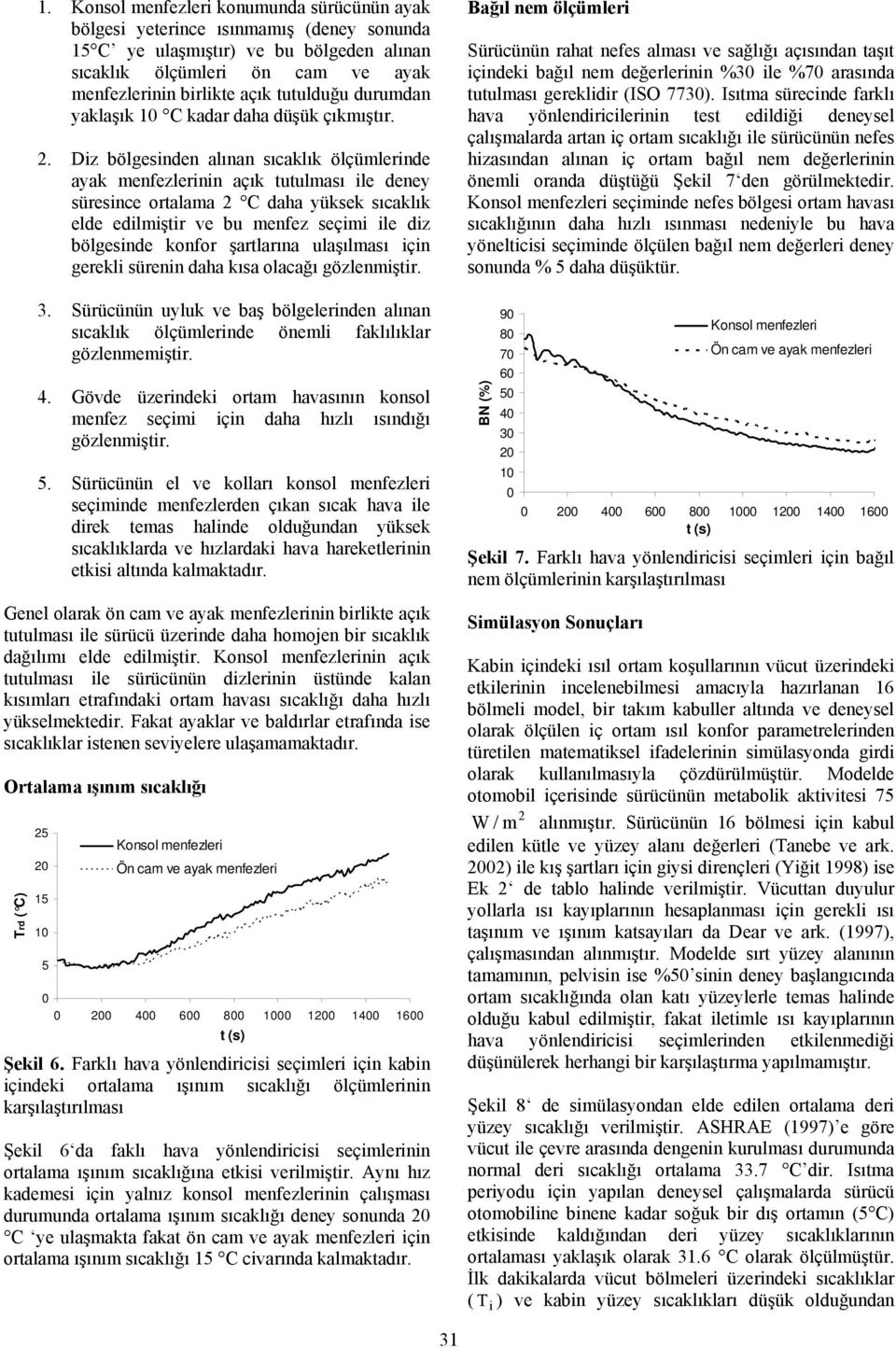 Diz bölgesinden alınan sıcaklık ölçümlerinde ayak menfezlerinin açık tutulması ile deney süresince ortalama 2 C daha yüksek sıcaklık elde edilmiştir ve bu menfez seçimi ile diz bölgesinde konfor