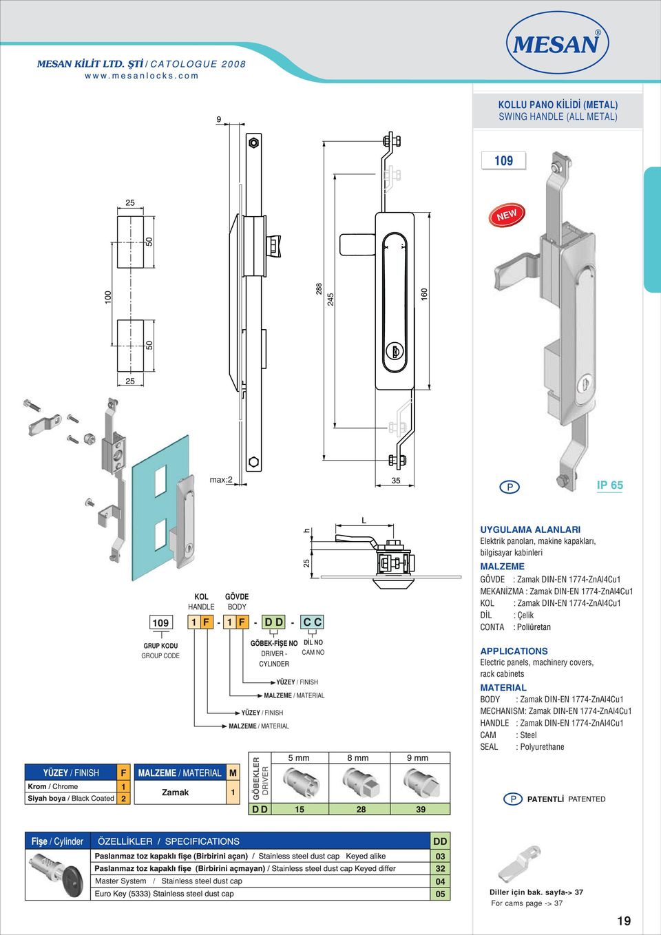 NO CAM NO / Electric panels, machinery covers, rack cabinets BODY : Zamak DINEN 774ZnAl4Cu MECHANISM: Zamak DINEN 774ZnAl4Cu HANDLE : Zamak