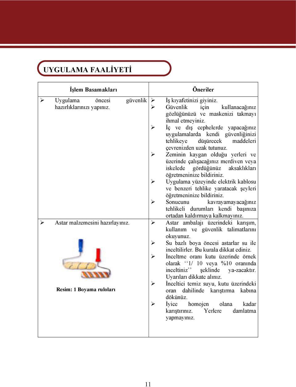 İç ve dış cephelerde yapacağınız uygulamalarda kendi güvenliğinizi tehlikeye düşürecek maddeleri çevrenizden uzak tutunuz.