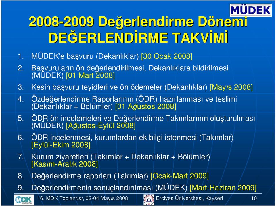 Özdeğerlendirme Raprlarının (ÖDR) hazırlanması ve teslimi (Dekanlıklar + Bölümler) [01 Ağusts 2008] 5. ÖDR ön incelemeleri ve Değerlendirme Takımlarının luşturulması (MÜDEK) [Ağusts-Eylül 2008] 6.