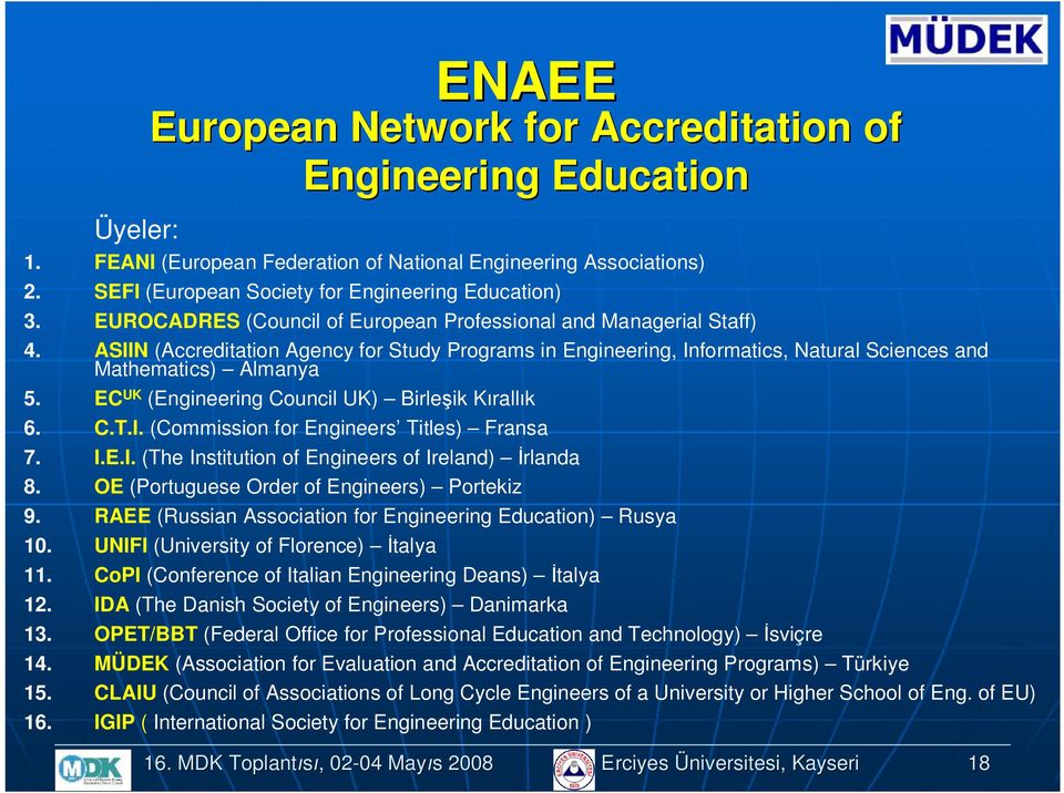 EC UK (Engineering Cuncil UK) Birleşik Kırallık 6. C.T.I. (Cmmissin fr Engineers Titles) Fransa 7. I.E.I. (The Institutin f Engineers f Ireland) İrlanda 8. OE (Prtuguese Order f Engineers) Prtekiz 9.