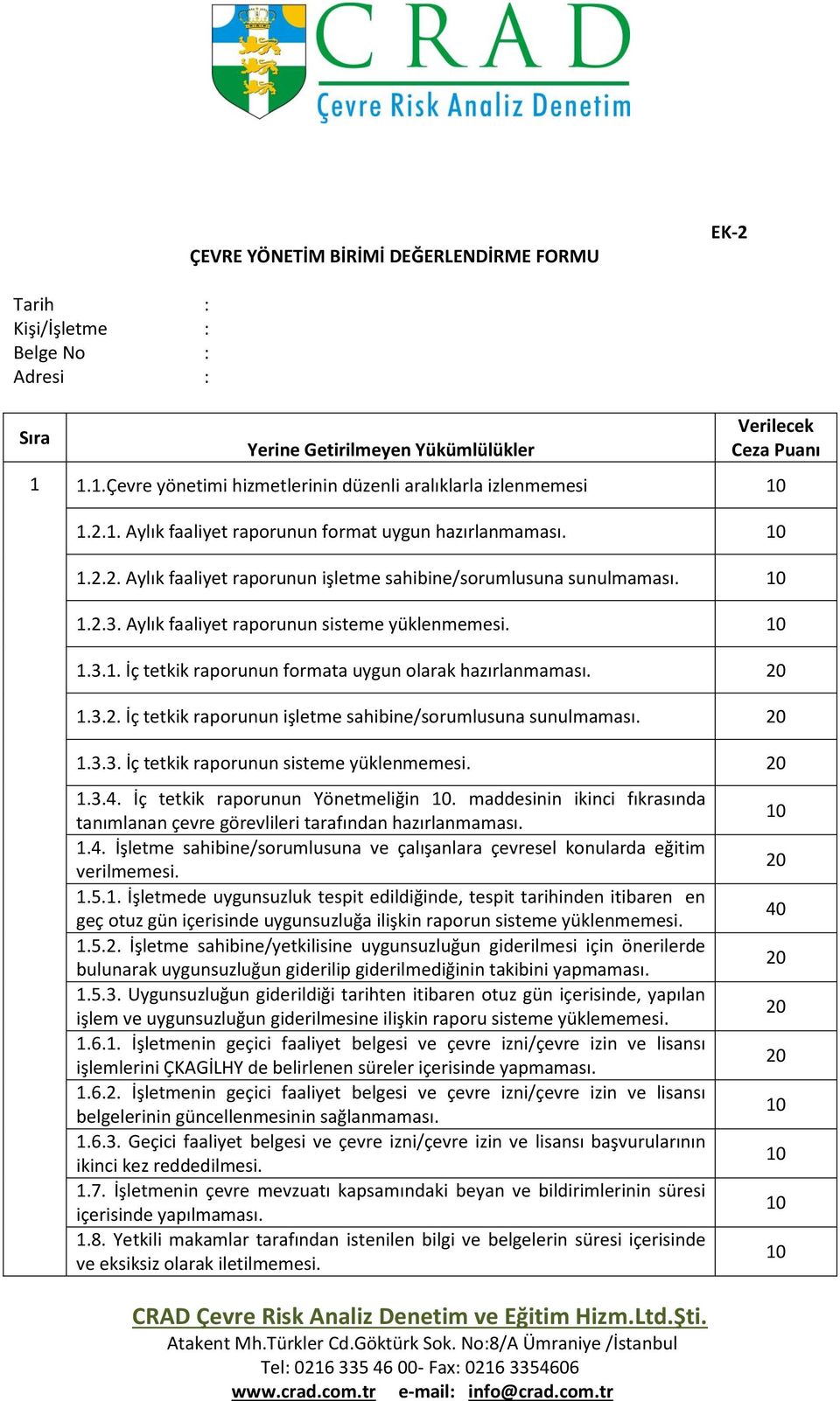 1.2.3. Aylık faaliyet raporunun sisteme yüklenmemesi. 1.3.1. İç tetkik raporunun formata uygun olarak hazırlanmaması. 1.3.2. İç tetkik raporunun işletme sahibine/sorumlusuna sunulmaması. 1.3.3. İç tetkik raporunun sisteme yüklenmemesi.