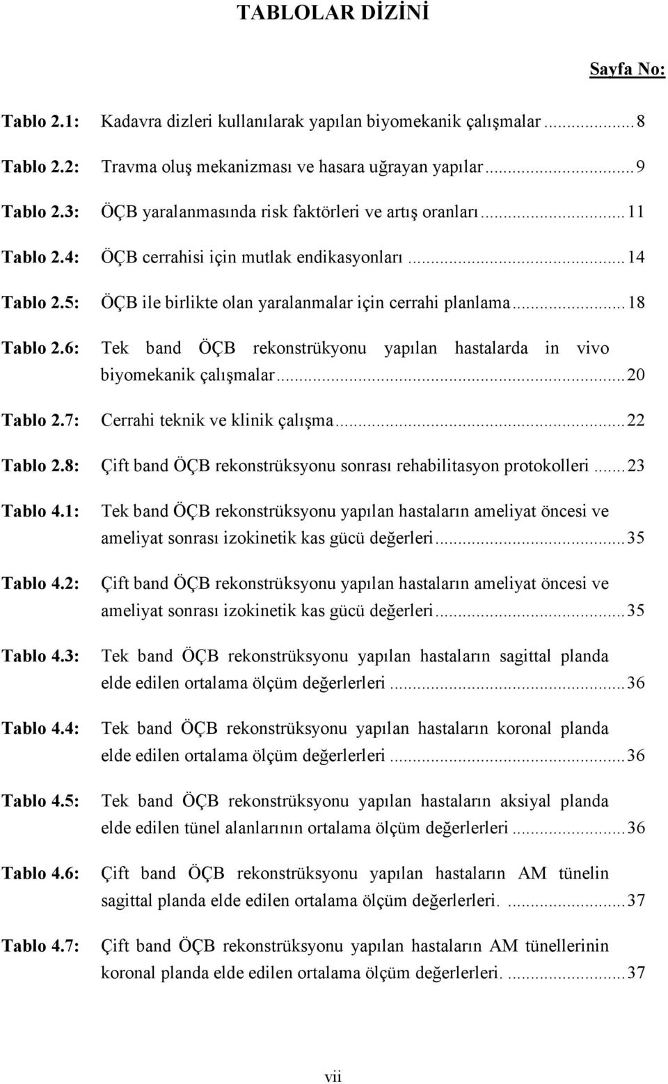 7: ÖÇB ile birlikte olan yaralanmalar için cerrahi planlama...18 Tek band ÖÇB rekonstrükyonu yapılan hastalarda in vivo biyomekanik çalışmalar...20 Cerrahi teknik ve klinik çalışma...22 Tablo 2.