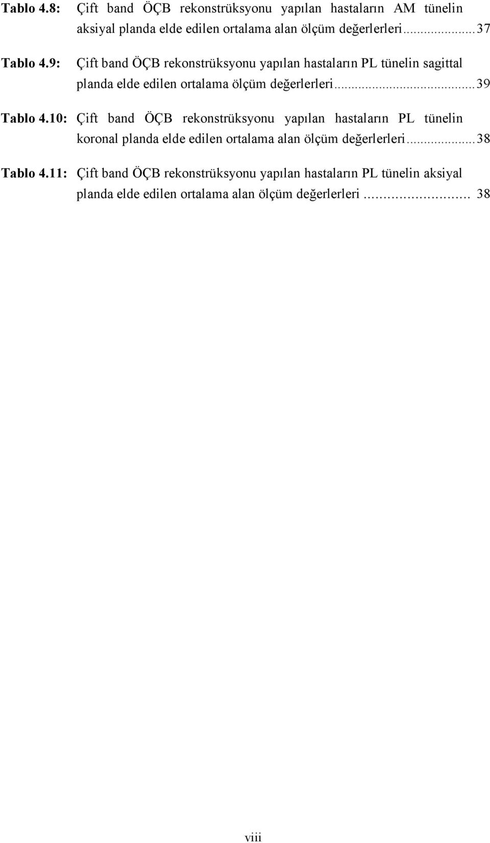 ..37 Çift band ÖÇB rekonstrüksyonu yapılan hastaların PL tünelin sagittal planda elde edilen ortalama ölçüm değerlerleri...39 Tablo 4.