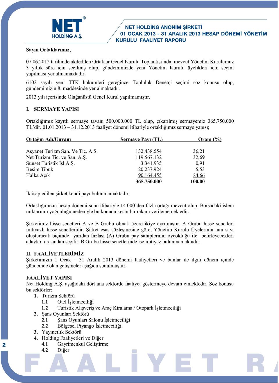 almamaktadır. 6102 sayılı yeni TTK hükümleri gereğince Topluluk Denetçi seçimi söz konusu olup, gündemimizin 8. maddesinde yer almaktadır. 2013 yılı içerisinde Olağanüstü Genel Kurul yapılmamıştır. I.