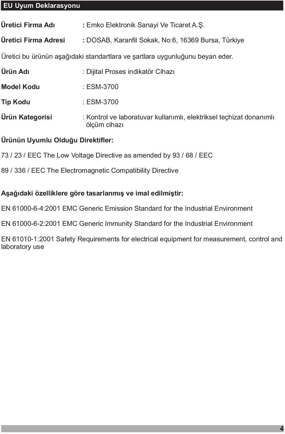 Ürün Adý Model Kodu Tp Kodu Ürün Kategors : Djtal roses ndkatör Chazý : ESM-3700 : ESM-3700 : Kontrol ve laboratuvar kullanýmlý, elektrksel teçhzat donanýmlý ölçüm chazý Ürünün Uyumlu Olduðu