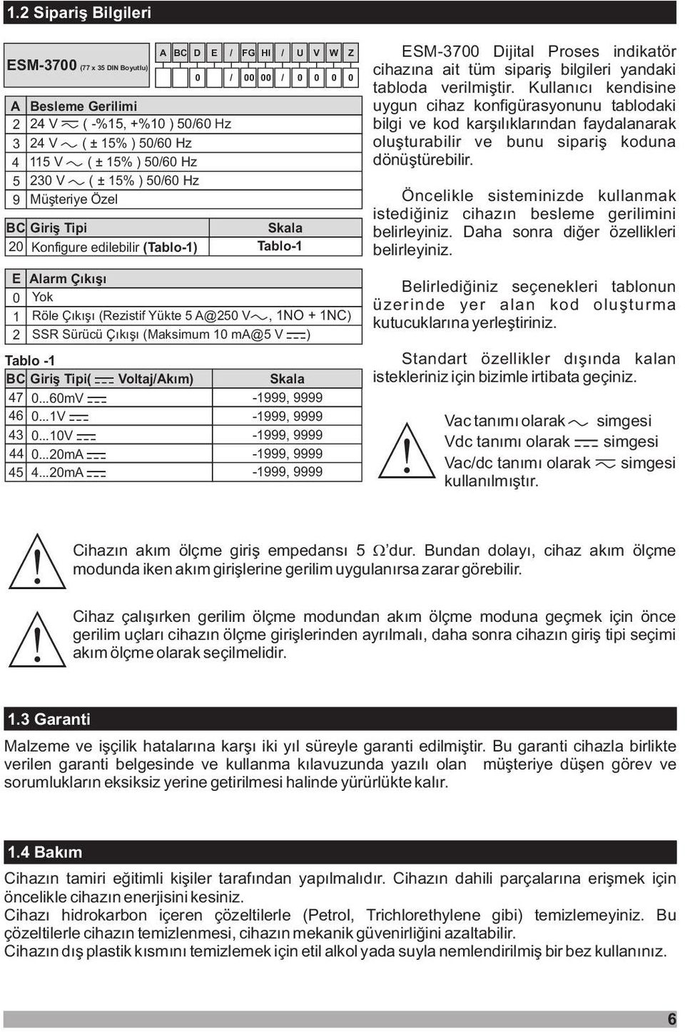 ma@5 V ) Tablo -1 BC Grþ Tp( Voltaj/Akým) 47 0...60mV 46 0...1V 43 0...10V 44 0...20mA 45 4.