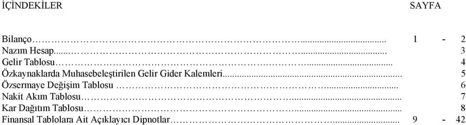 .. 5 Özsermaye Değişim Tablosu... 6 Nakit Akım Tablosu.