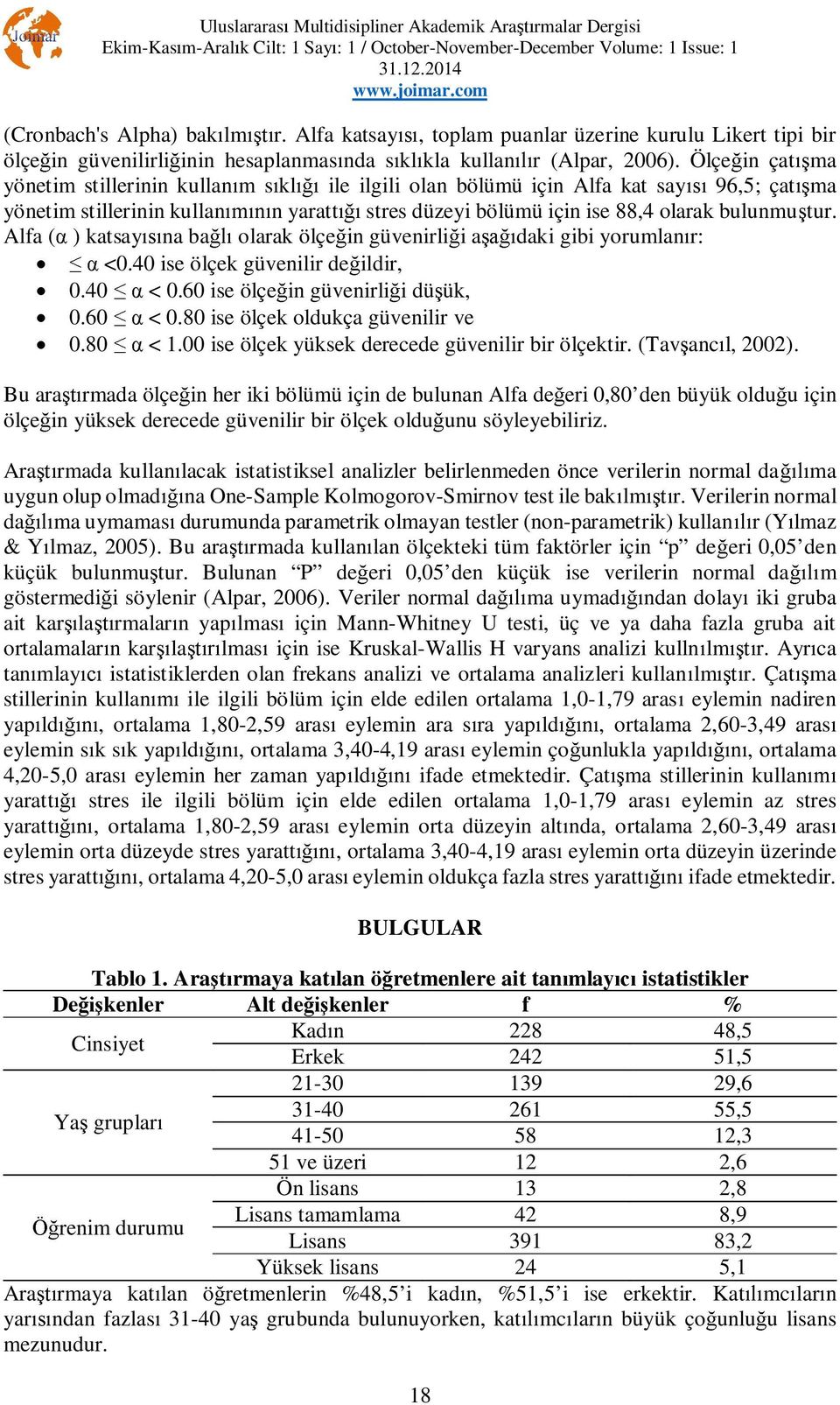 Alfa ( ) katsay na ba olarak ölçe in güvenirli i a daki gibi yorumlan r: <0.40 ise ölçek güvenilir de ildir, 0.40 < 0.60 ise ölçe in güvenirli i dü ük, 0.60 < 0.80 ise ölçek oldukça güvenilir ve 0.