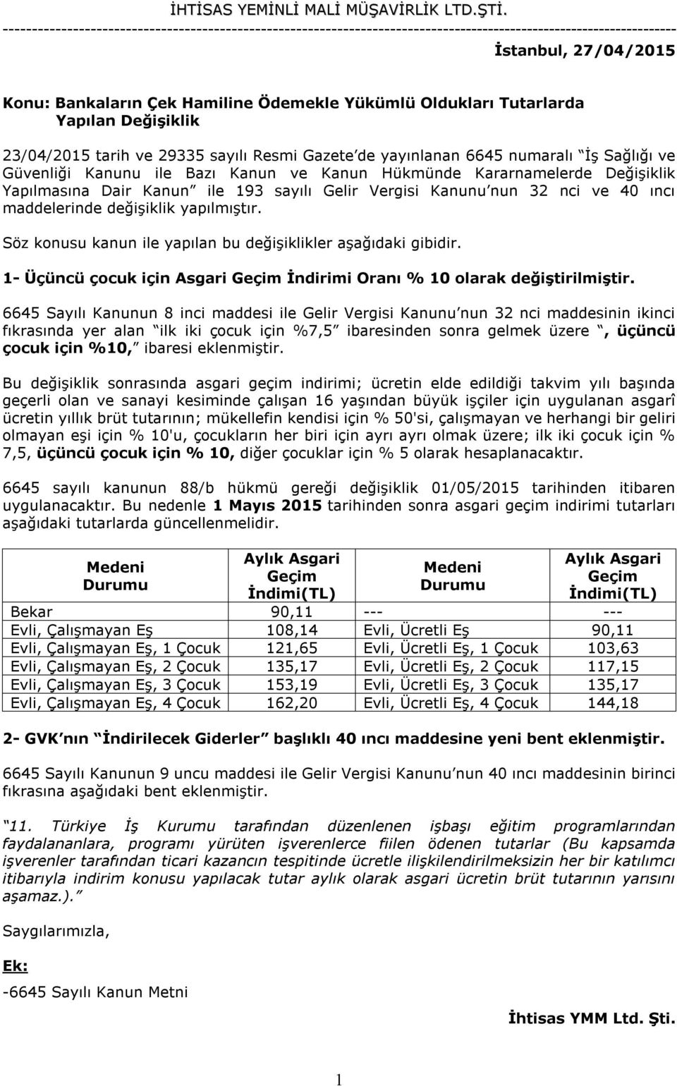 Söz konusu kanun ile yapılan bu değişiklikler aşağıdaki gibidir. 1- Üçüncü çocuk için Asgari Geçim İndirimi Oranı % 10 olarak değiştirilmiştir.